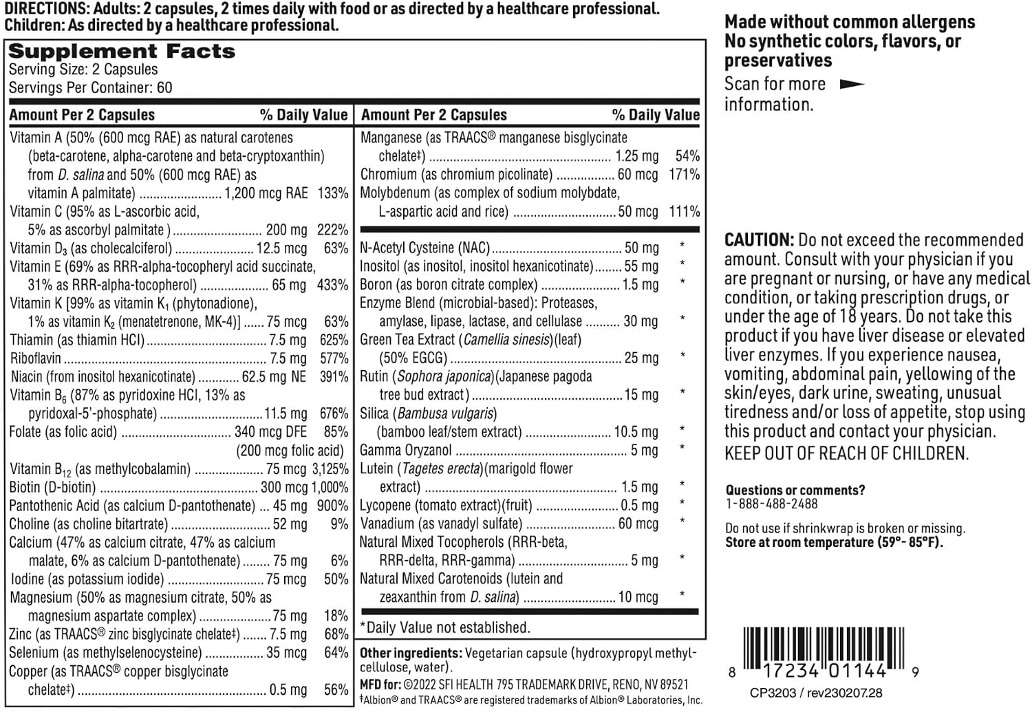 Klaire Labs SFI Health Core Multi - Multivitamínico y Multimineral sin Hierro, 120 Cápsulas