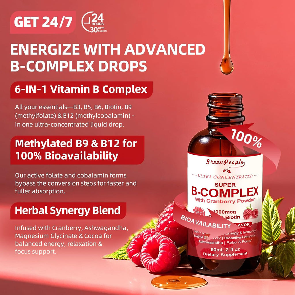 GREENPEOPLE Complejo B Metilado | Metilcobalamina + L-Metilfolato | Apoyo al Metabolismo Energético, Inmunidad y Cognición | 6 Vitaminas B con Magnesio, Ashwagandha y L-Teanina para Mujeres | Vegano, 60 ml