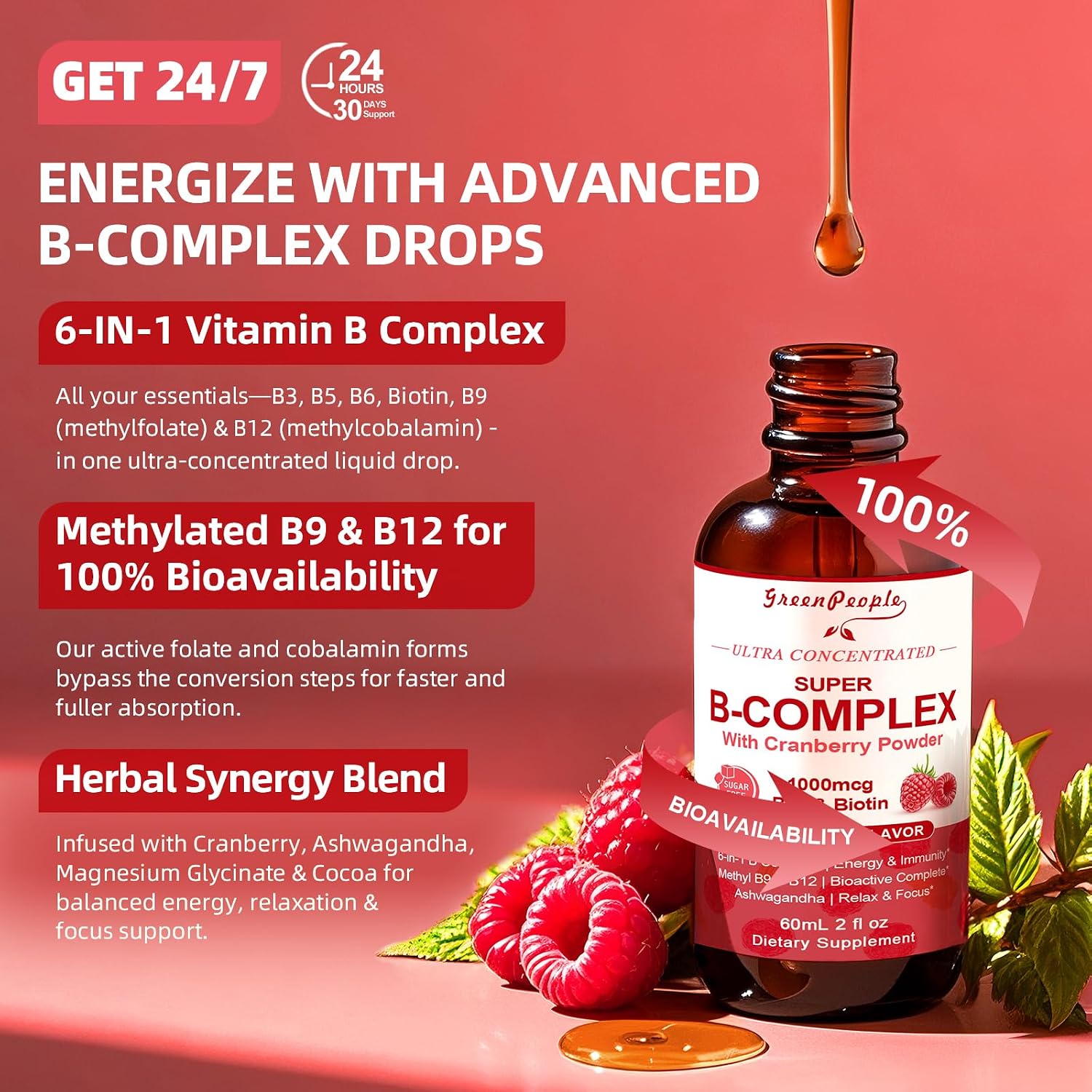 Complejo B Metilado GREENPEOPLE | Metil B12 + L-Metilfolato | 6 Vitaminas B con Magnesio, Ashwagandha y L-Teanina | 2 frascos de 60 ml | Vegano