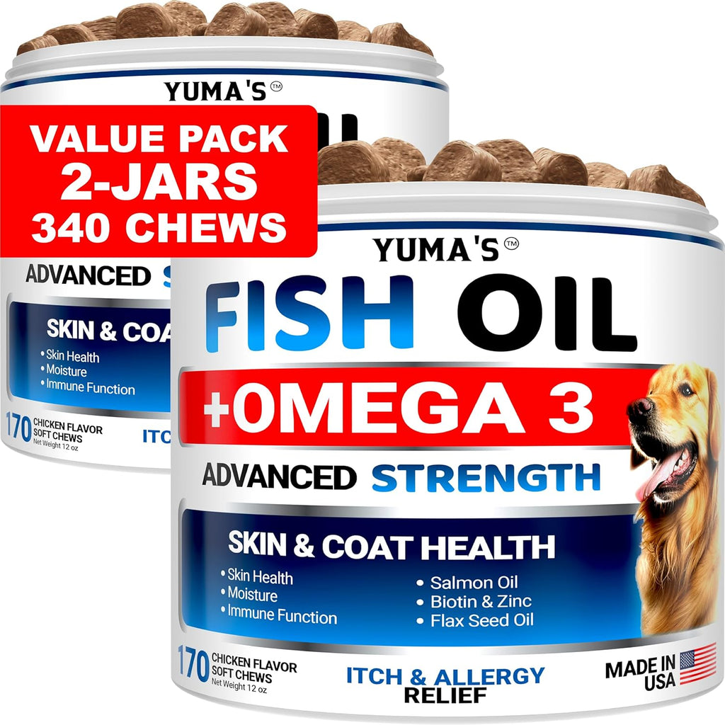 YUMA'S Omega 3 Aceite de Pescado para Perros - 170 Chews - Piel y Pelaje - Sabor Pollo
