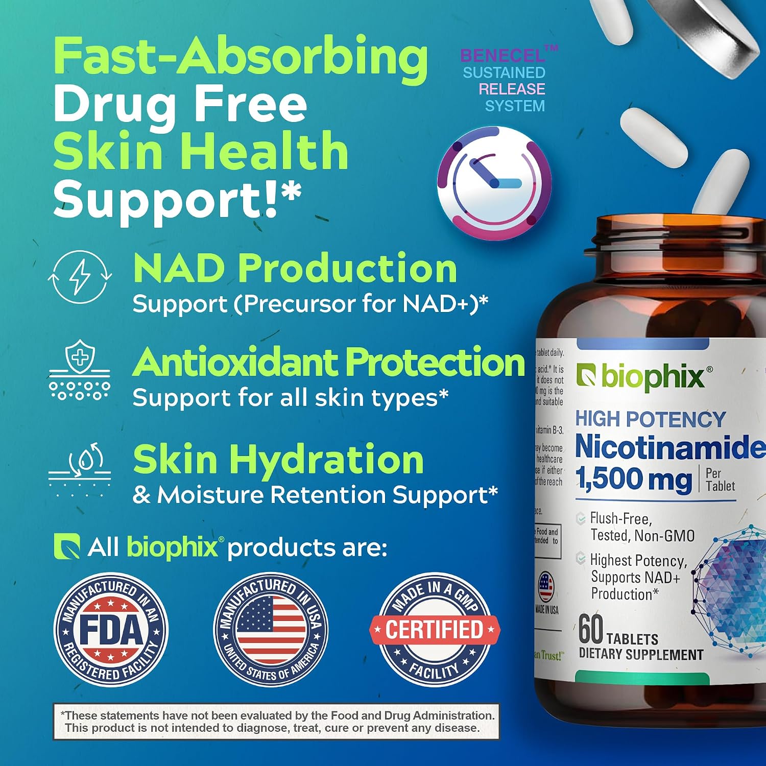 biophix B-3 Nicotinamida 1500 mg 60 Comprimidos - Fórmula Sin Flush
