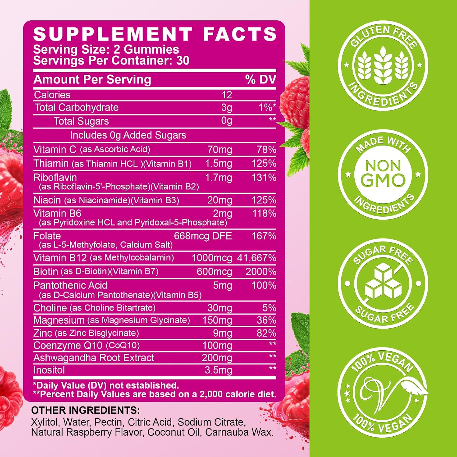 ReviNutra Complejo B en Gominolas con Vitaminas C, Zinc, Magnesio y CoQ10, 60 Gominolas Sabor Frambuesa