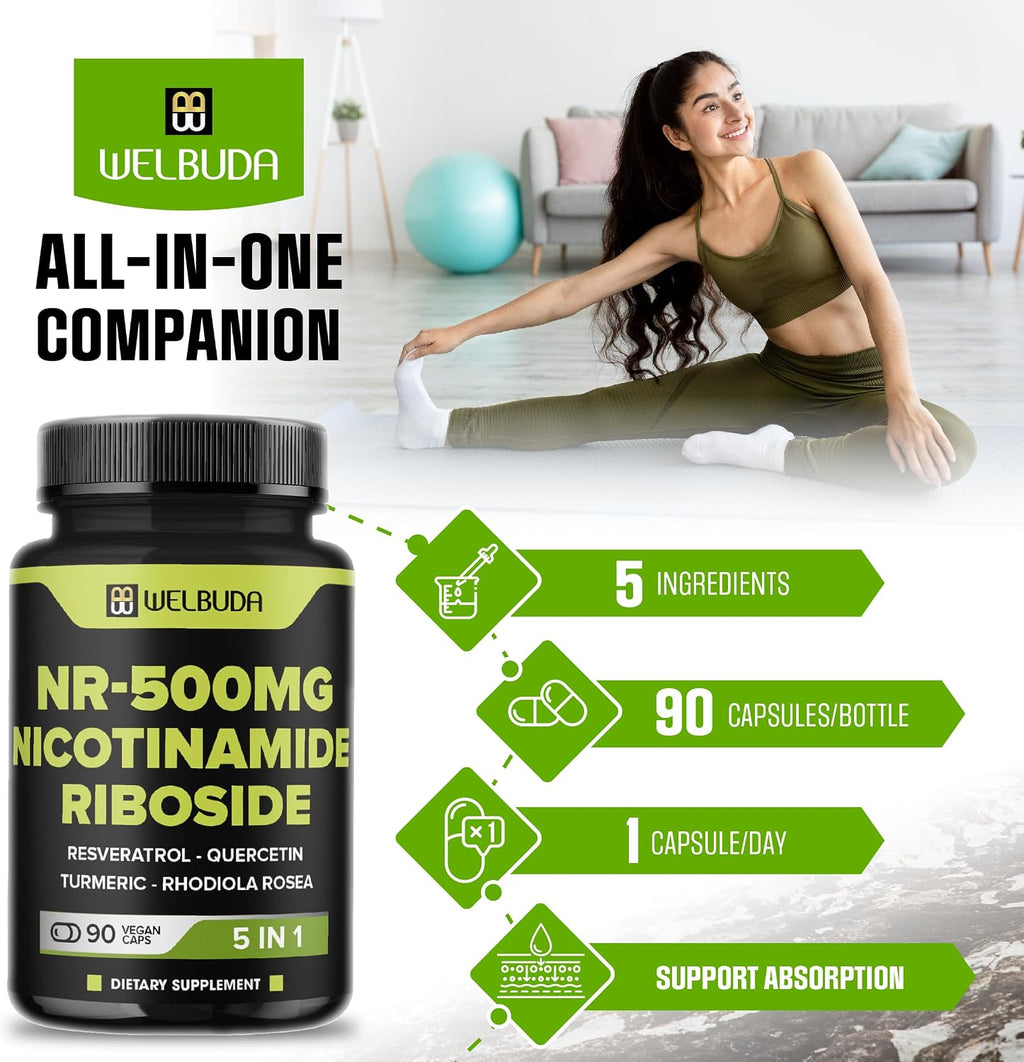 WELBUDA 5in1+ Nicotinamide Riboside Supplement with Resveratrol, Quercetin, Turmeric, Rhodiola Rosea - 90 Count for 90 Days