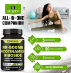 WELBUDA 5in1+ Nicotinamide Riboside Supplement with Resveratrol, Quercetin, Turmeric, Rhodiola Rosea - 90 Count for 90 Days