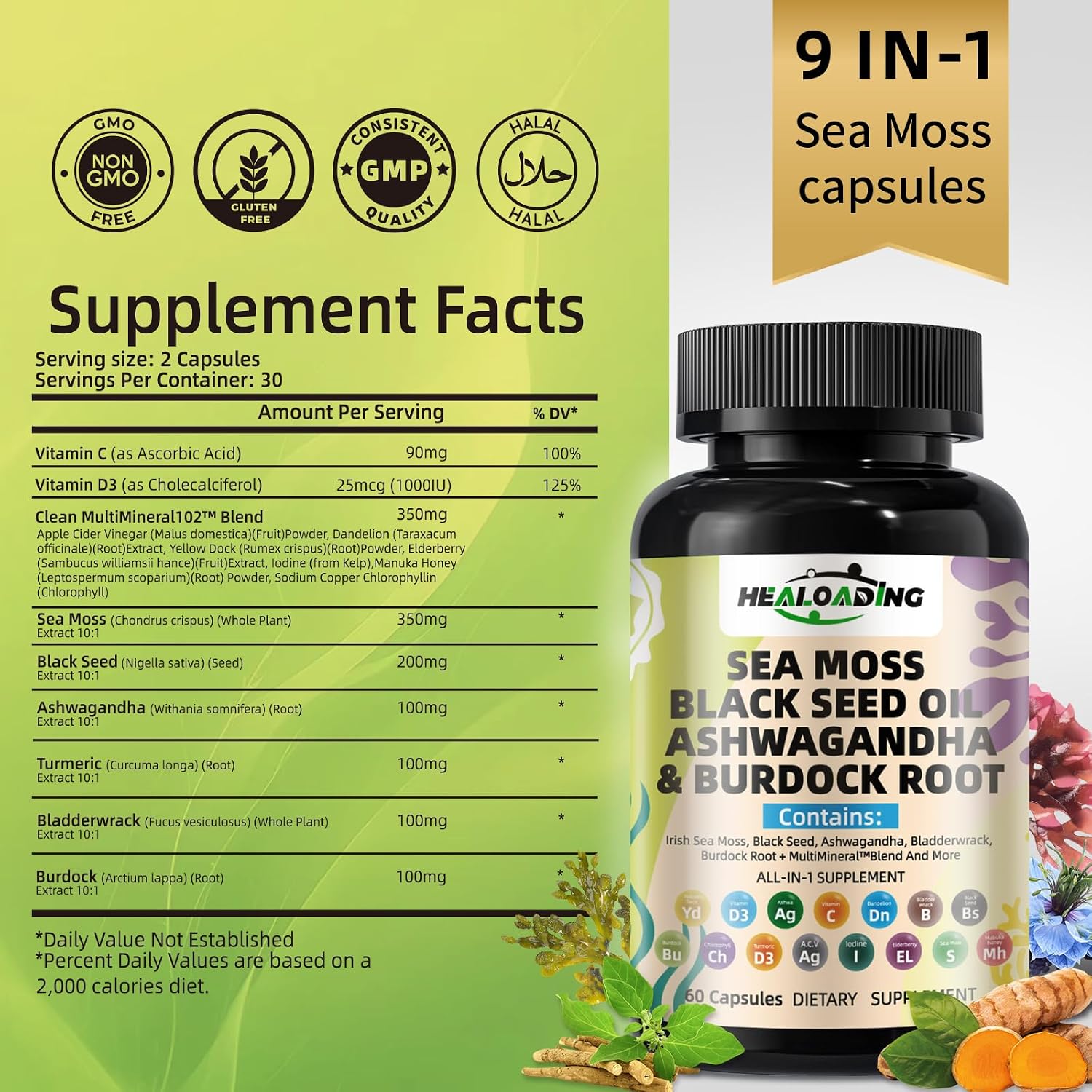HEALOADING Cápsulas de Musgo Marino Silvestre y Vejiga de Mar - 350mg - Vegano, No OGM