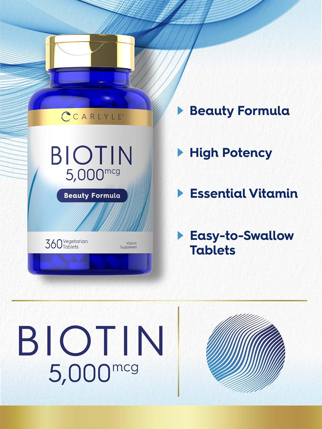 Carlyle Biotina 5000mcg | 360 Comprimidos Vegetarianos | Suplemento de Belleza para Cabello, Piel y Uñas | Sin OGM, Sin Gluten