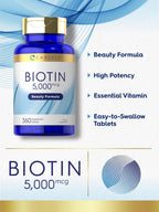Carlyle Biotina 5000mcg | 360 Comprimidos Vegetarianos | Suplemento de Belleza para Cabello, Piel y Uñas | Sin OGM, Sin Gluten