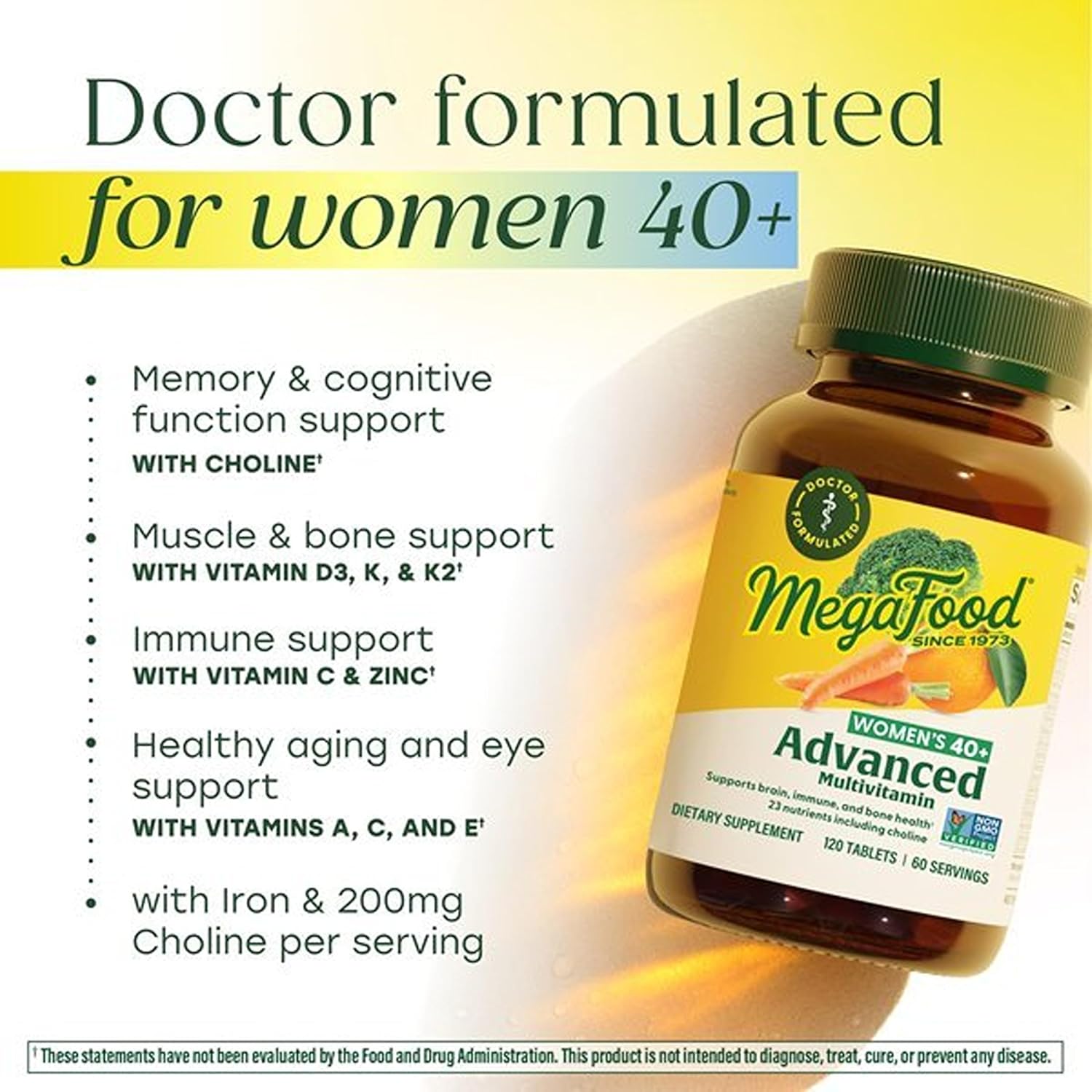MegaFood Multivitamínico para mujeres mayores de 40 años - Multivitamínico para mujeres con hierro, vitaminas C, B12, K2, A, B6, colina y más - Sin OGM, sin gluten - Vegetariano - 60 comprimidos (30 dosis)