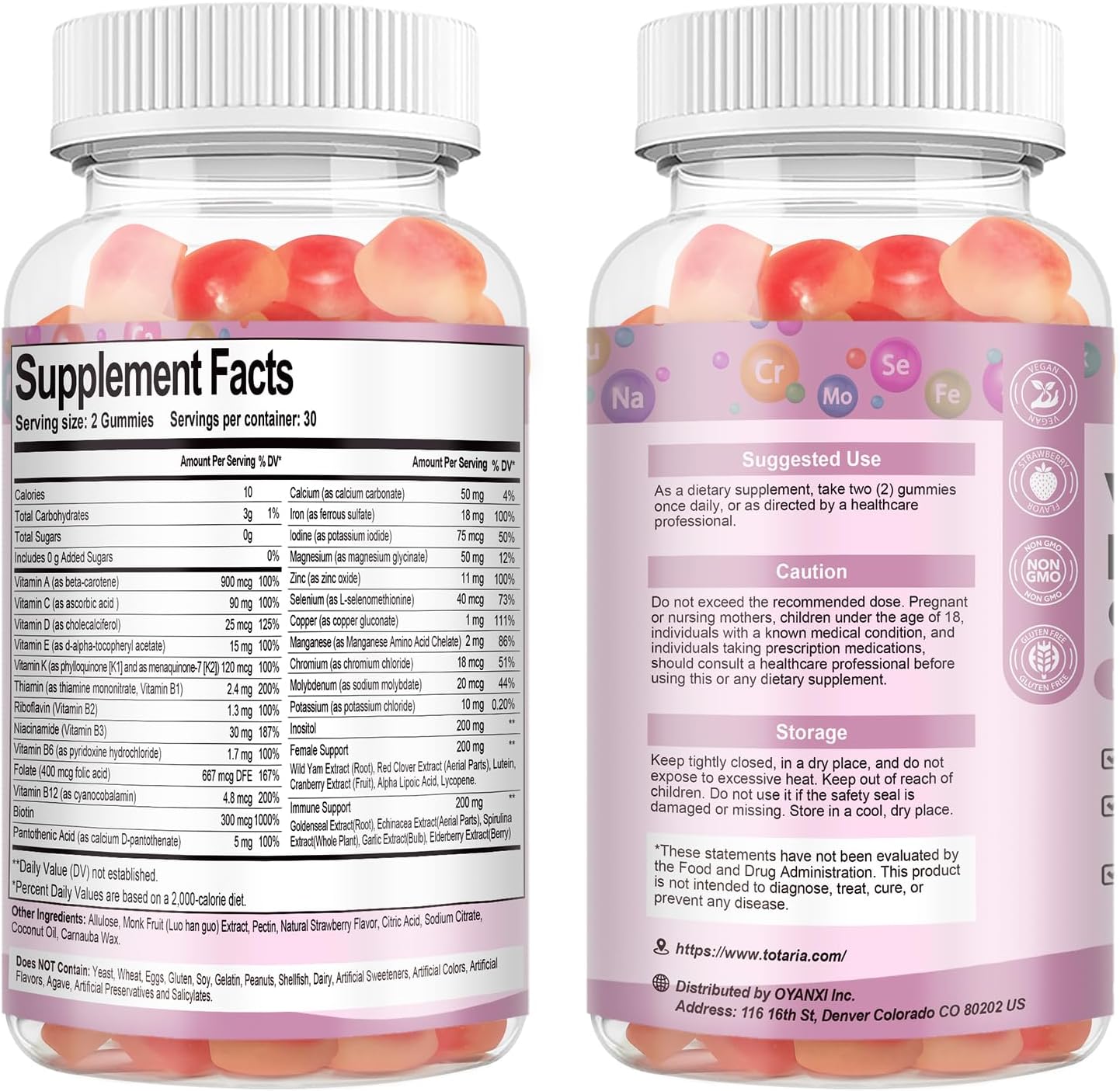 Totaria Multivitamin Gummies Sin Azúcar para Mujeres 14+ con Inositol, Hierro, Folato, Biotina