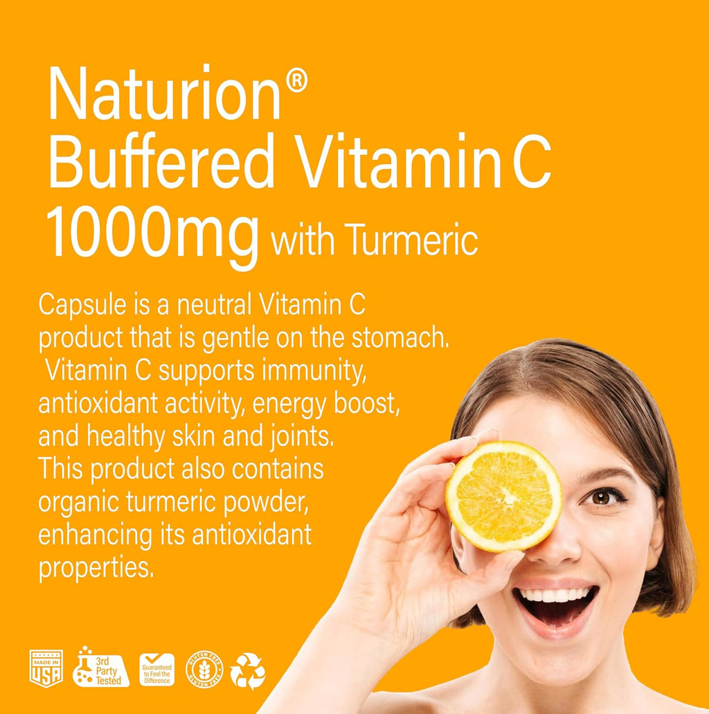 NATURION Vitamina C tamponada 1000 mg con Cúrcuma Orgánica - 180 cápsulas veganas