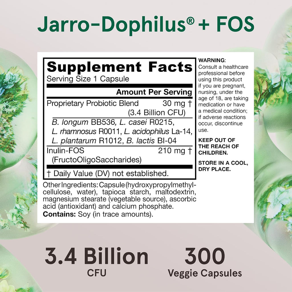 Jarrow Formulas Jarro-Dophilus + FOS - 3.4 Billion CFU Per Dose - Probiotic and Prebiotic Supplement - 300 Vegetarian Capsules