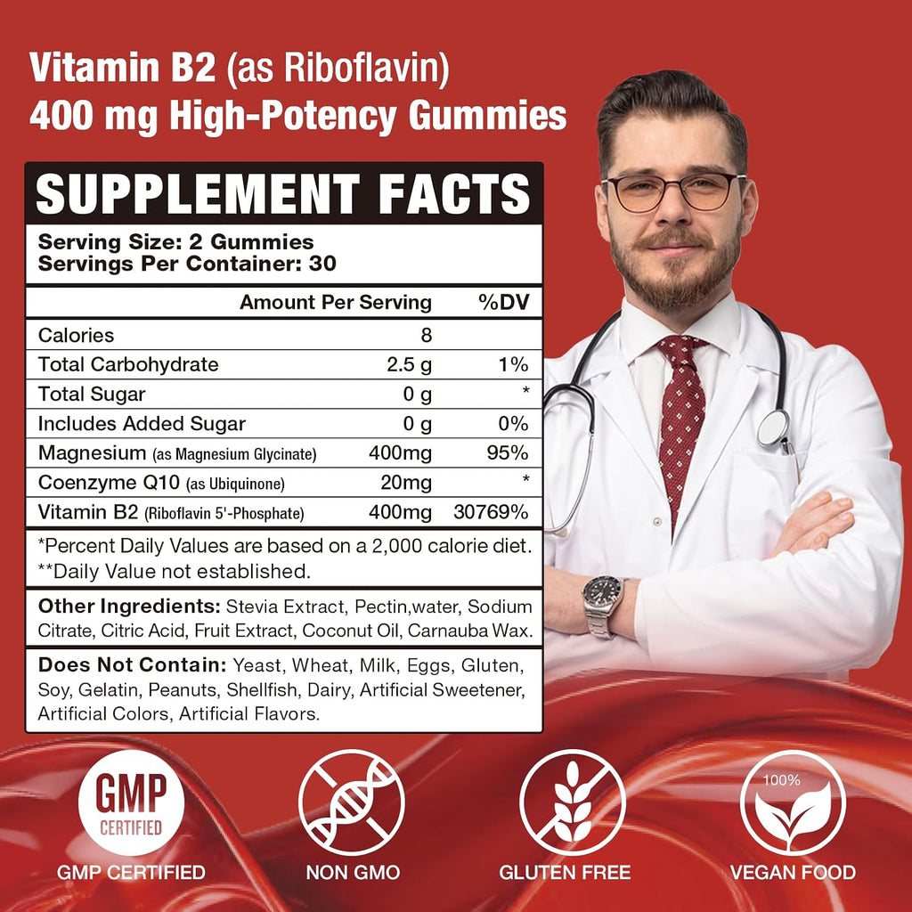 Gominolas de Vitamina B2 (Riboflavina) 400 mg – Sabor Fresa – Veganas – Sin Gluten – 60 Unidades