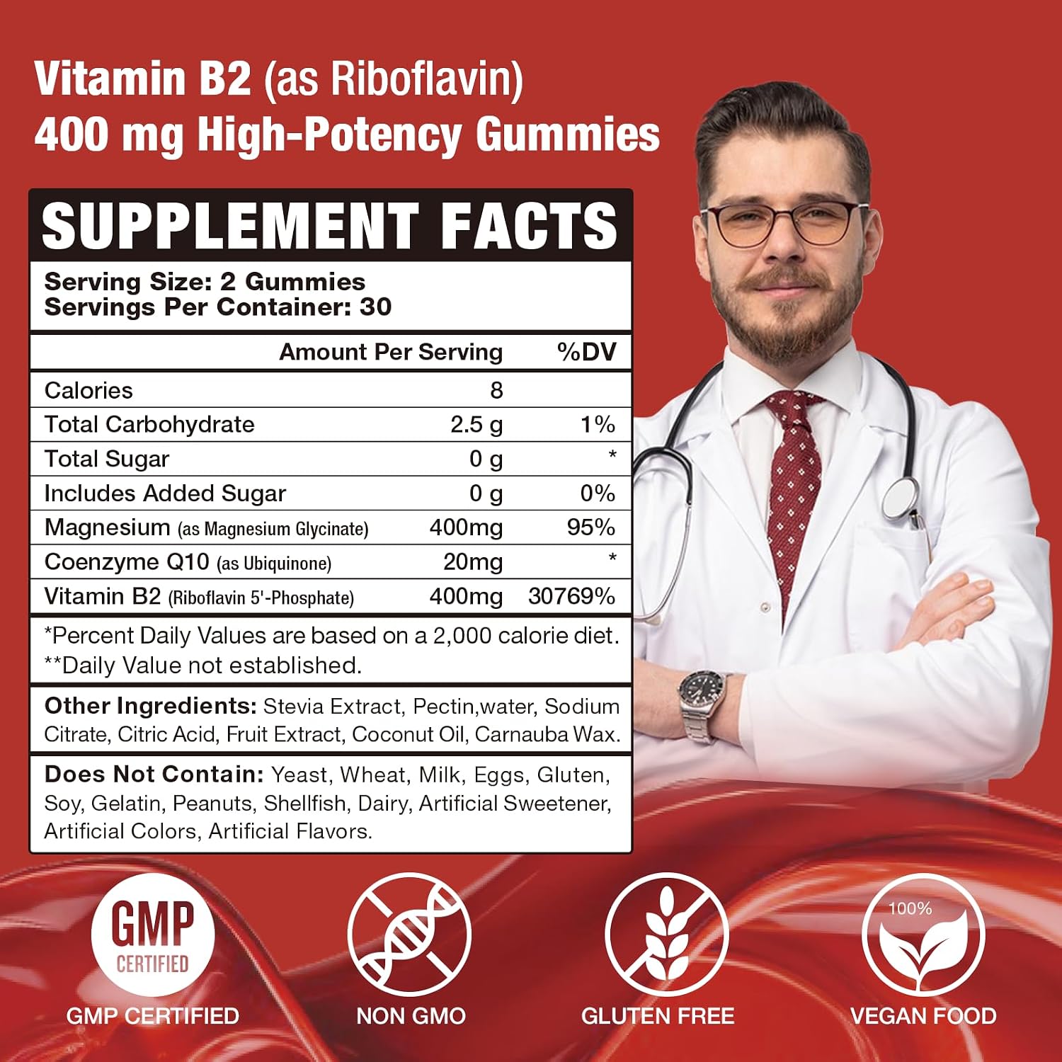 Gominolas de Vitamina B2 (Riboflavina) 400 mg – Sabor Fresa – Veganas – Sin Gluten – 60 Unidades