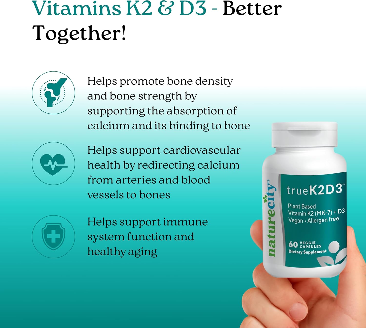 NatureCity TrueK2D3 - Vitamina K2 MK-7 (90 mcg) y D3 de Algas (2500 UI) - 60 Cápsulas Vegetales