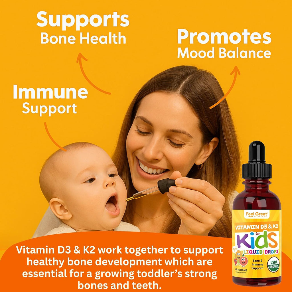 Feel Great USDA Organic Liquid Vitamin D Drops for Infants & Toddlers (2 oz) w/ K2 for Absorption