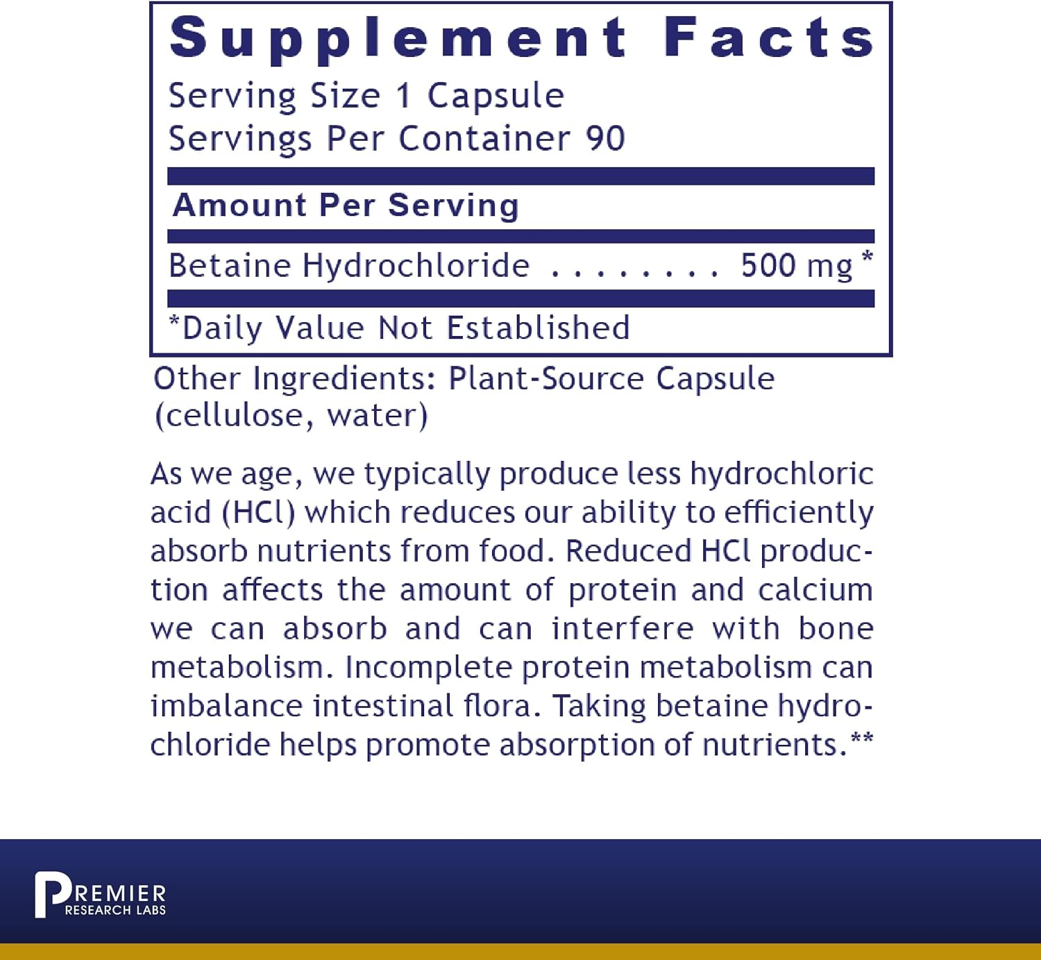 Premier Research Labs Premier HCL - Betaina HCL, 90 Cápsulas Vegetales