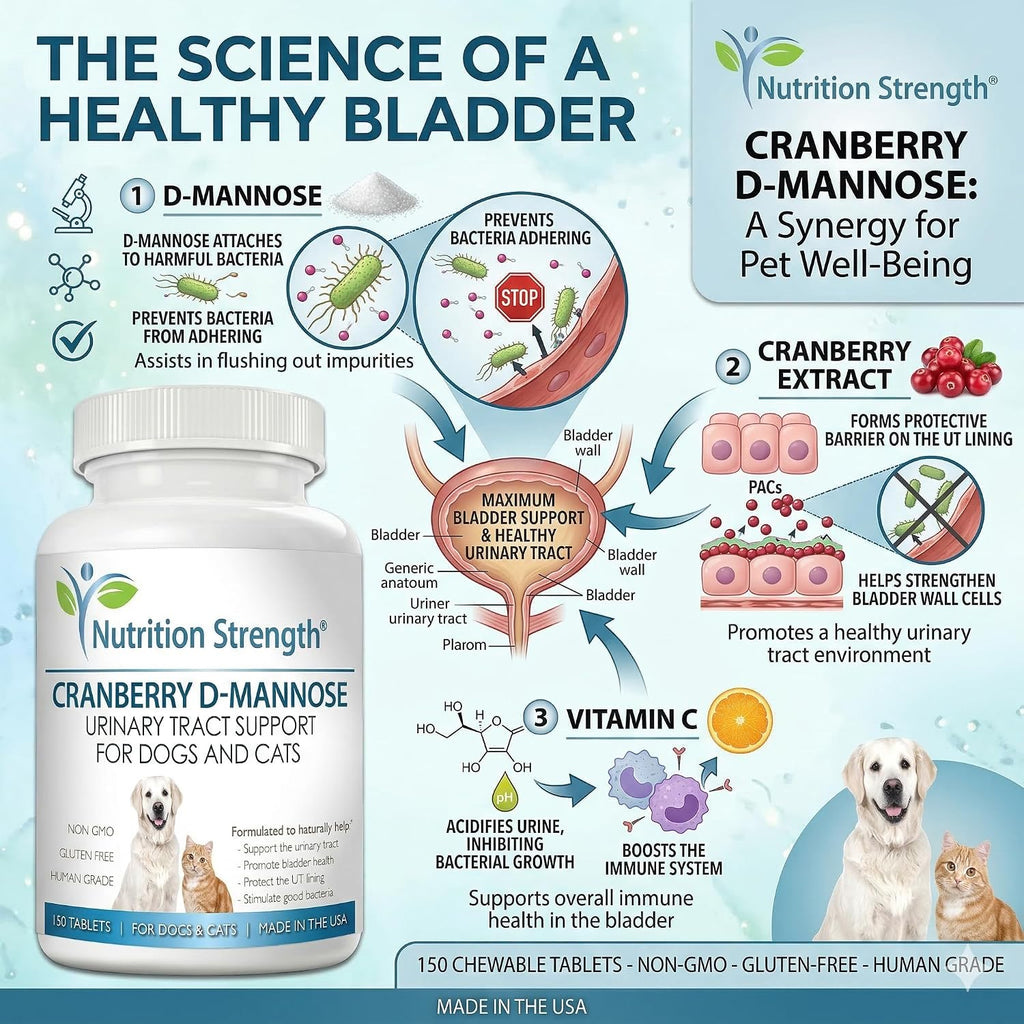 Nutrition Strength Cranberry D-Mannose para Perros y Gatos - Apoyo Urinario y Salud Inmunológica - 150 Comprimidos