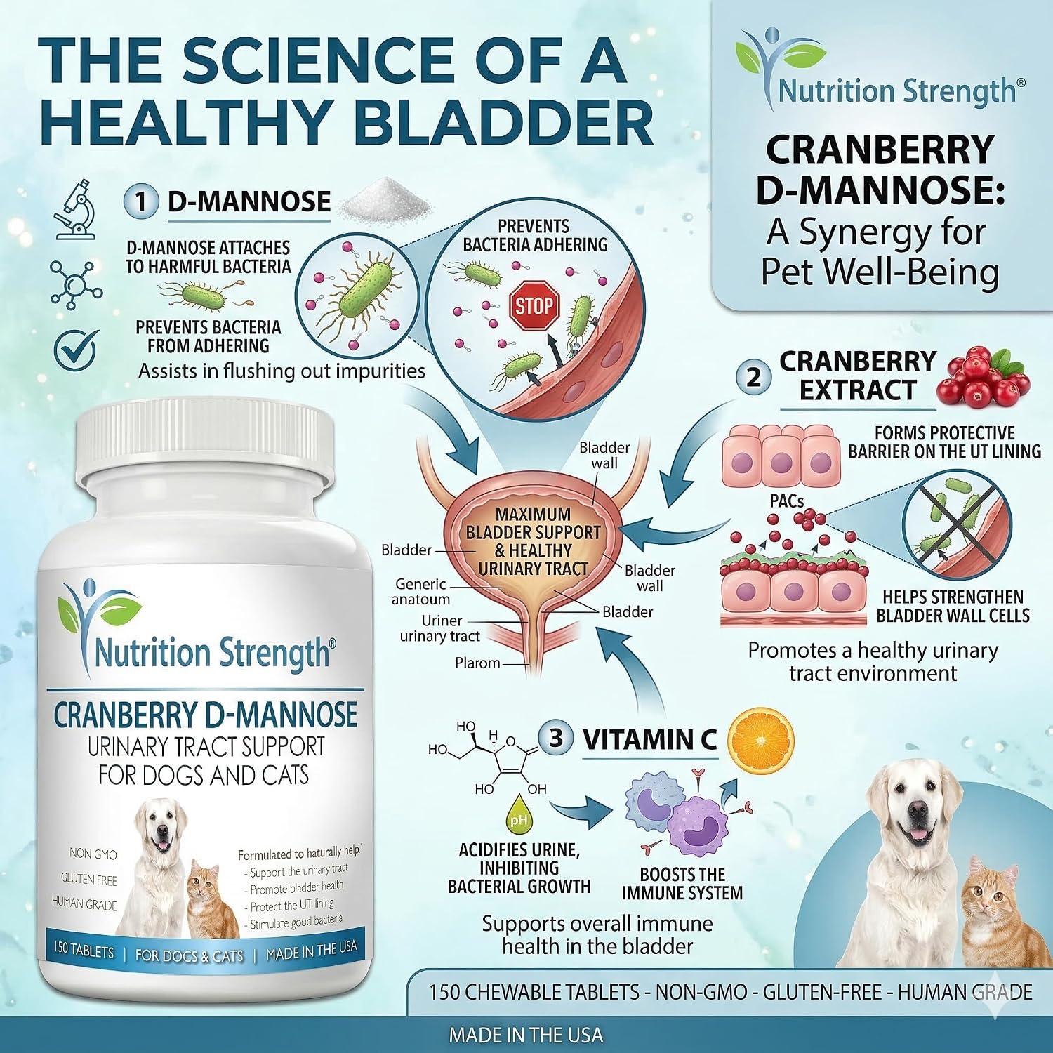 Nutrition Strength Cranberry D-Mannose para Perros y Gatos - Apoyo Urinario y Salud Inmunológica - 150 Comprimidos