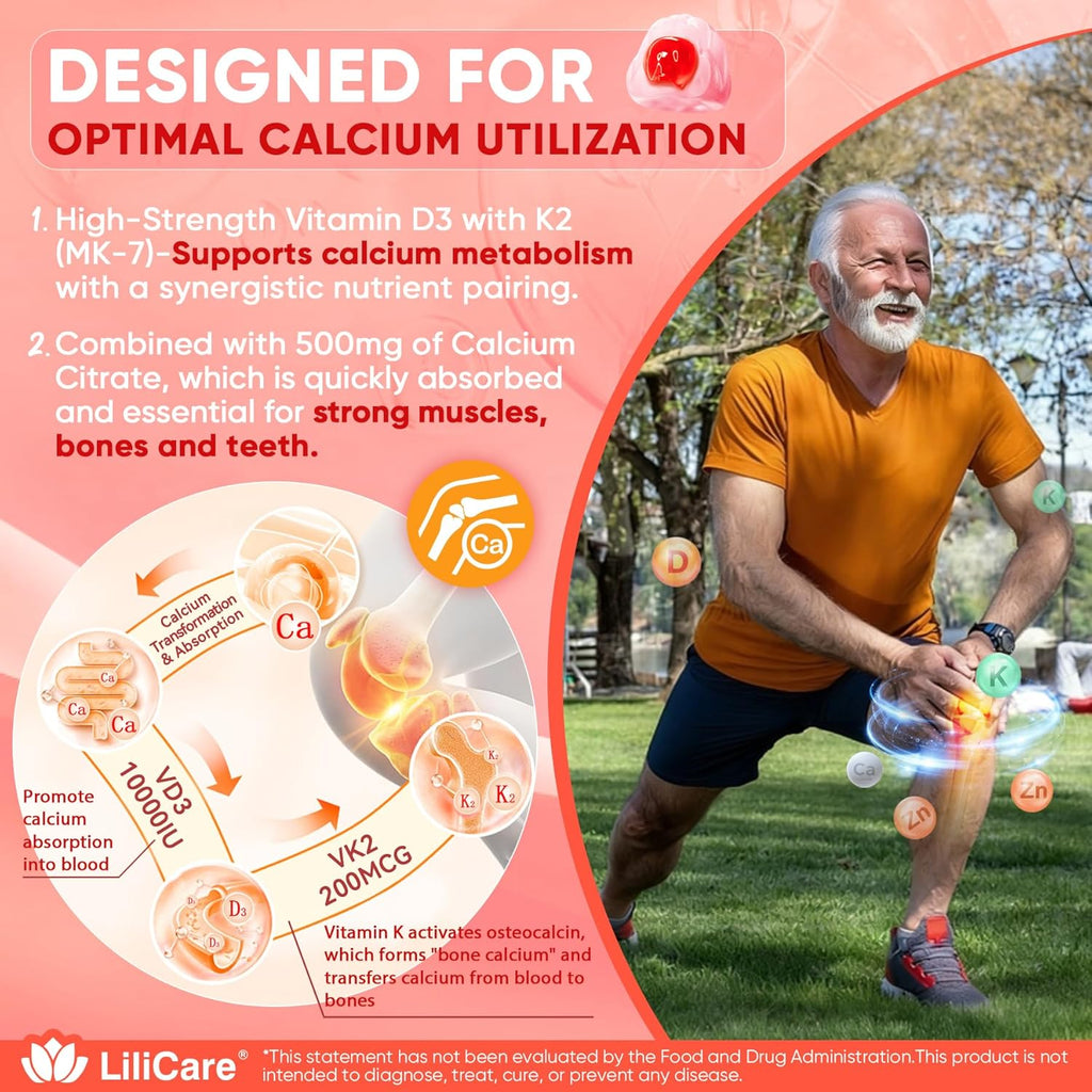 Vitamin D3 K2 Gummies con Calcio, Magnesio, Vitamina C y Zinc - 60 Gominolas Veganas