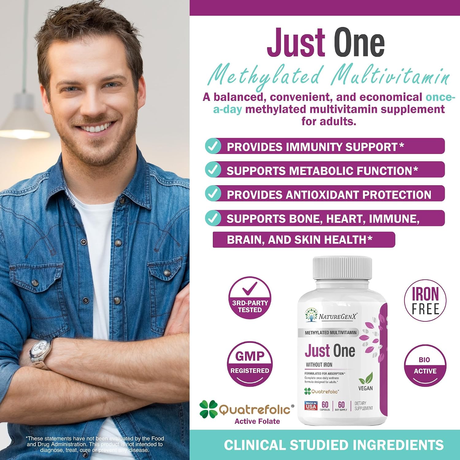 NatureGenX Just One Daily Methylated Multivitamin – Iron-Free – 60 Cápsulas (2 Meses)