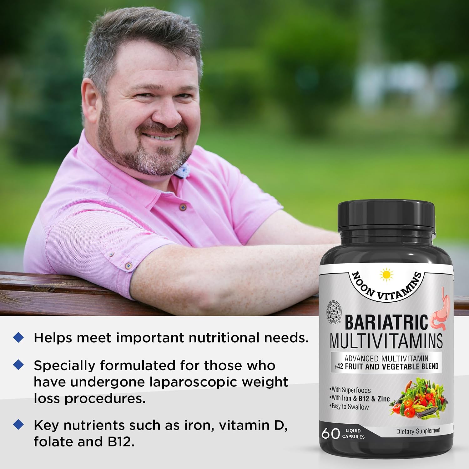 NOON VITAMINS Multivitamínico bariátrico con hierro – 60 cápsulas líquidas