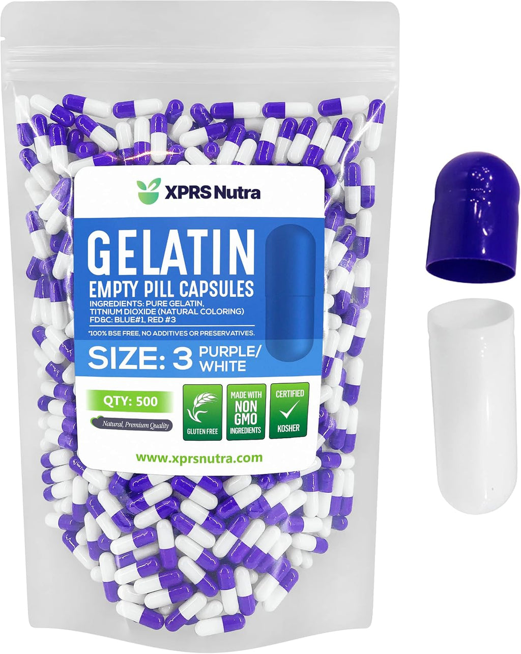 XPRS Nutra Cápsulas Vacías de Gelatina Tamaño 3 - 500 Unidades (Morado/Blanco)