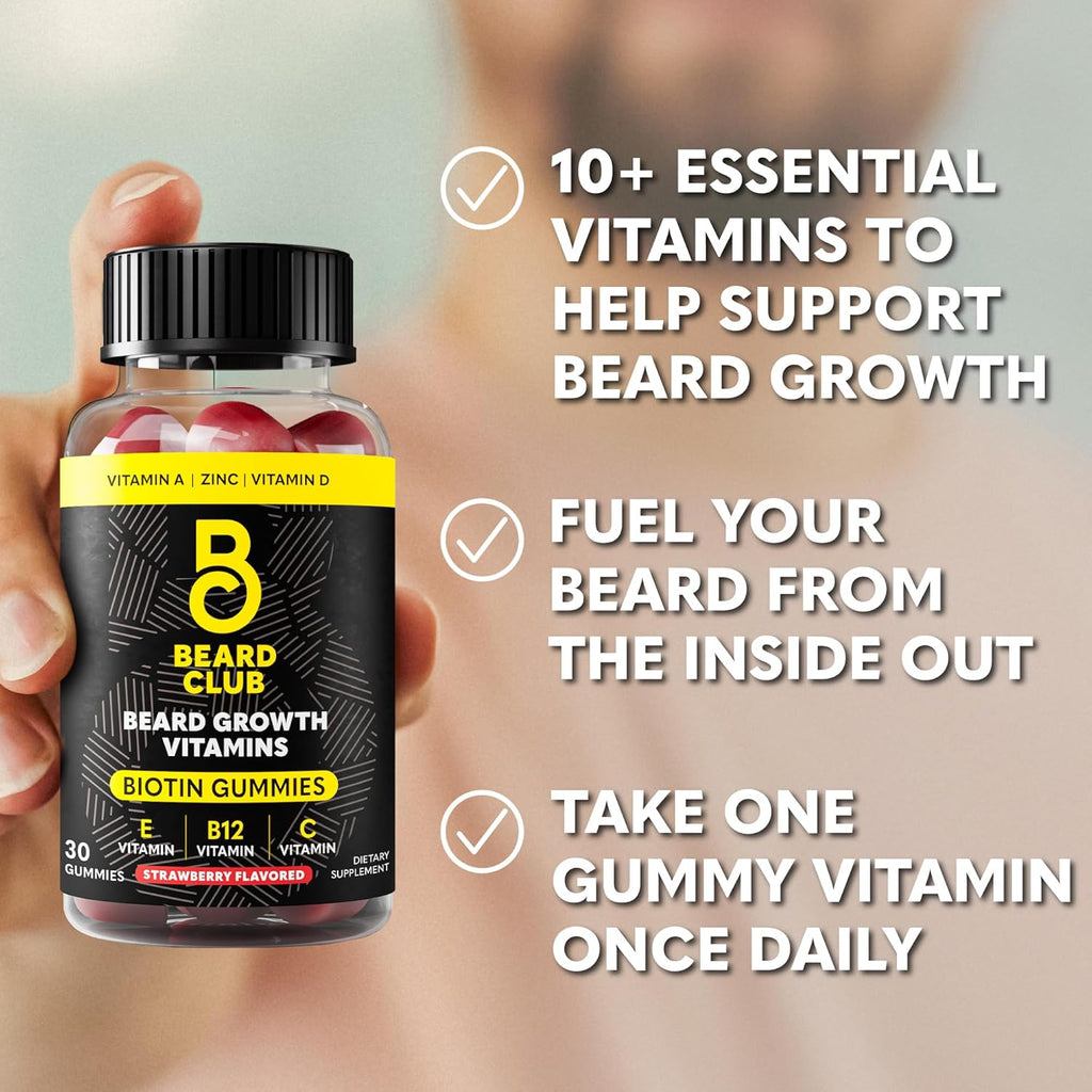 The Beard Club Gominolas de Biotina para el Crecimiento de la Barba - Suplemento Capilar para Hombres con Vitaminas B12, E y C - Sabor Fresa