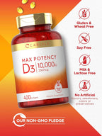 Carlyle Vitamina D3 10.000 UI 400 Cápsulas Blandas - Alta Potencia - Sin Gluten, Non-GMO