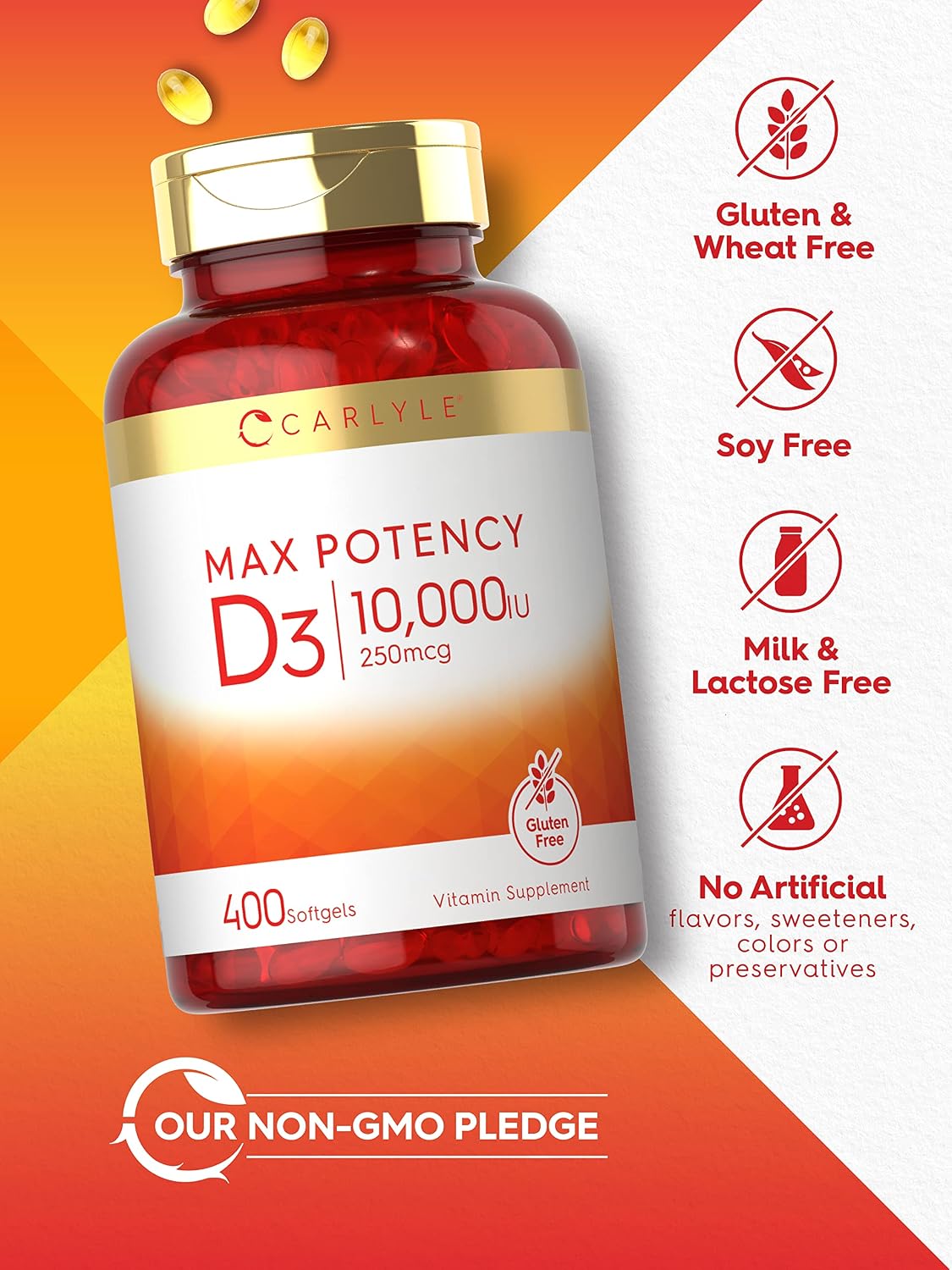 Carlyle Vitamina D3 10.000 UI 400 Cápsulas Blandas - Alta Potencia - Sin Gluten, Non-GMO