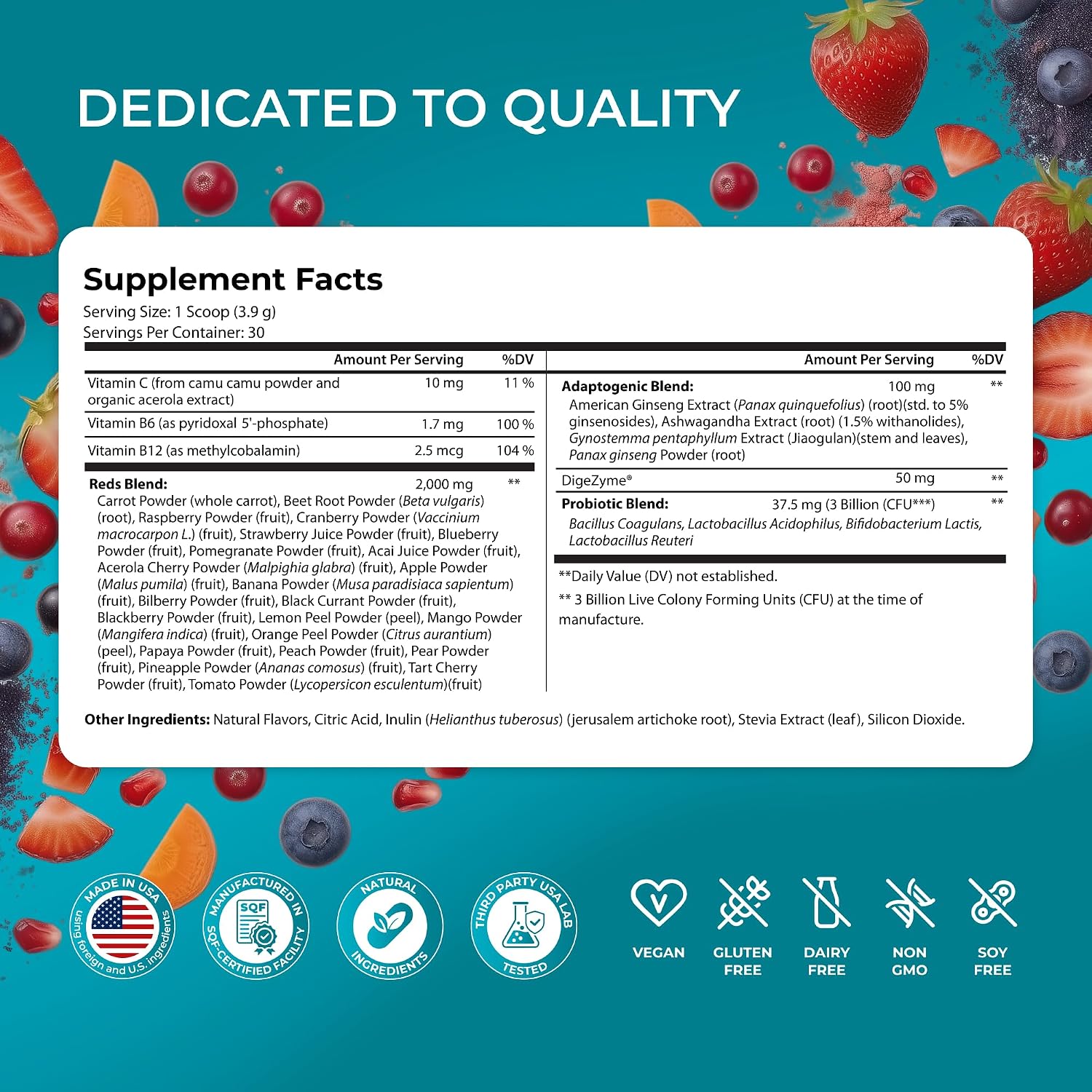 PUREHEALTH RESEARCH Metabolic Reds - Superfood Orgánico en Polvo con Frutas, Verduras, Adaptógenos y Probióticos - 117 g (30 porciones)