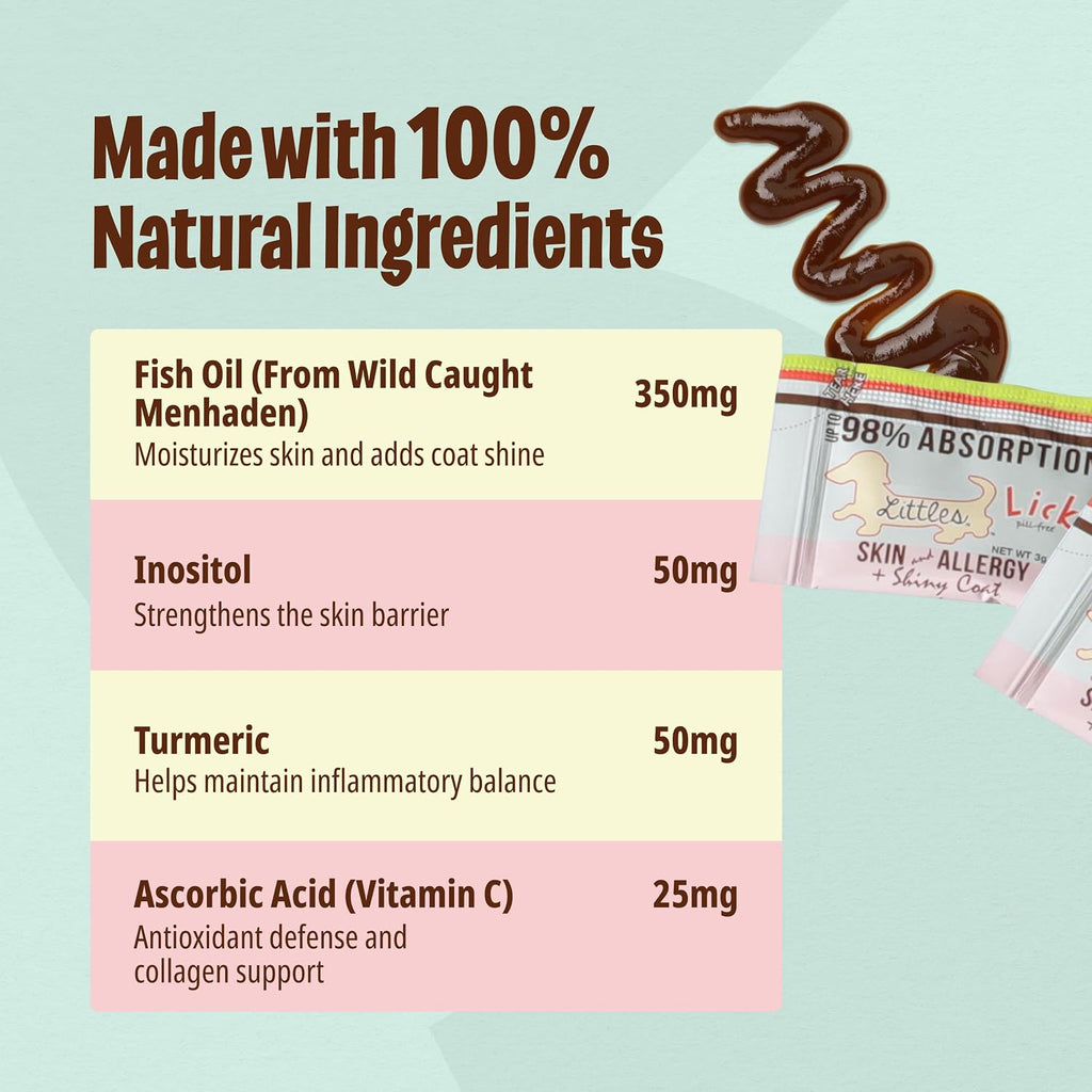 Licks Littles Skin & Allergy - Apoyo para la piel, el pelaje y las alergias estacionales en perros pequeños - Omega 3, Cúrcuma, Inositol y Vitamina C - Sobres de gel sin pastillas - Sabor a pescado - 30 sobres
