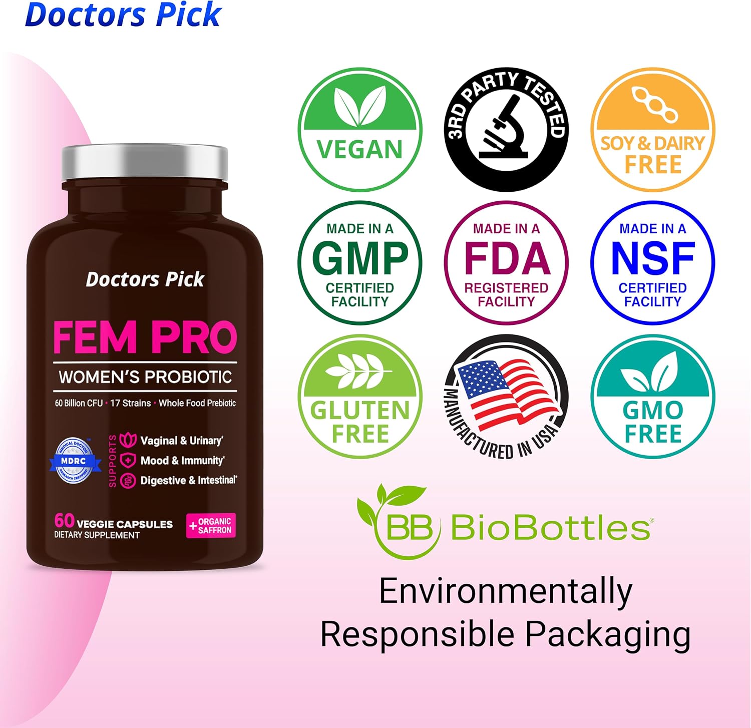 Doctors Pick Fem Pro Probióticos para Mujeres – 60 Cápsulas Veganas