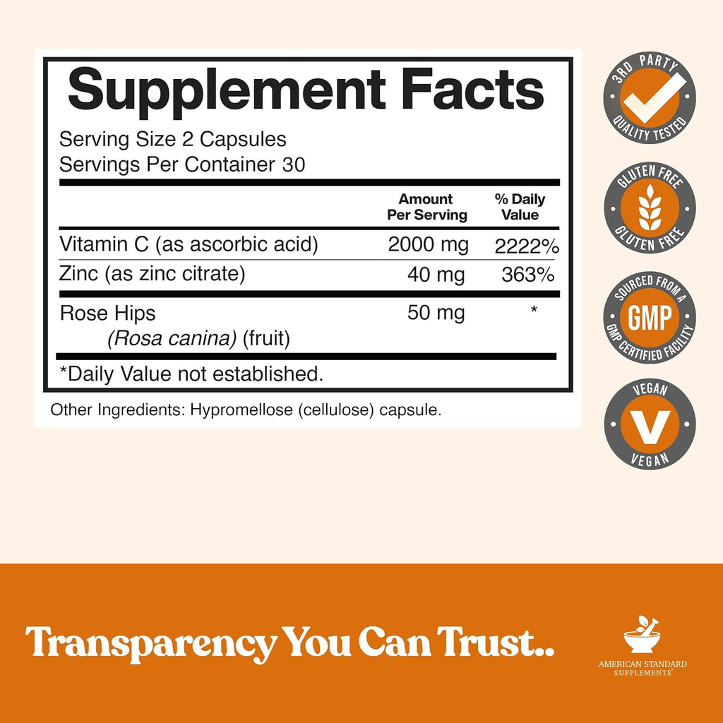 American Standard Supplements Vitamina C 2000mg, Zinc 40mg y Escaramujo 50mg - 60 Cápsulas