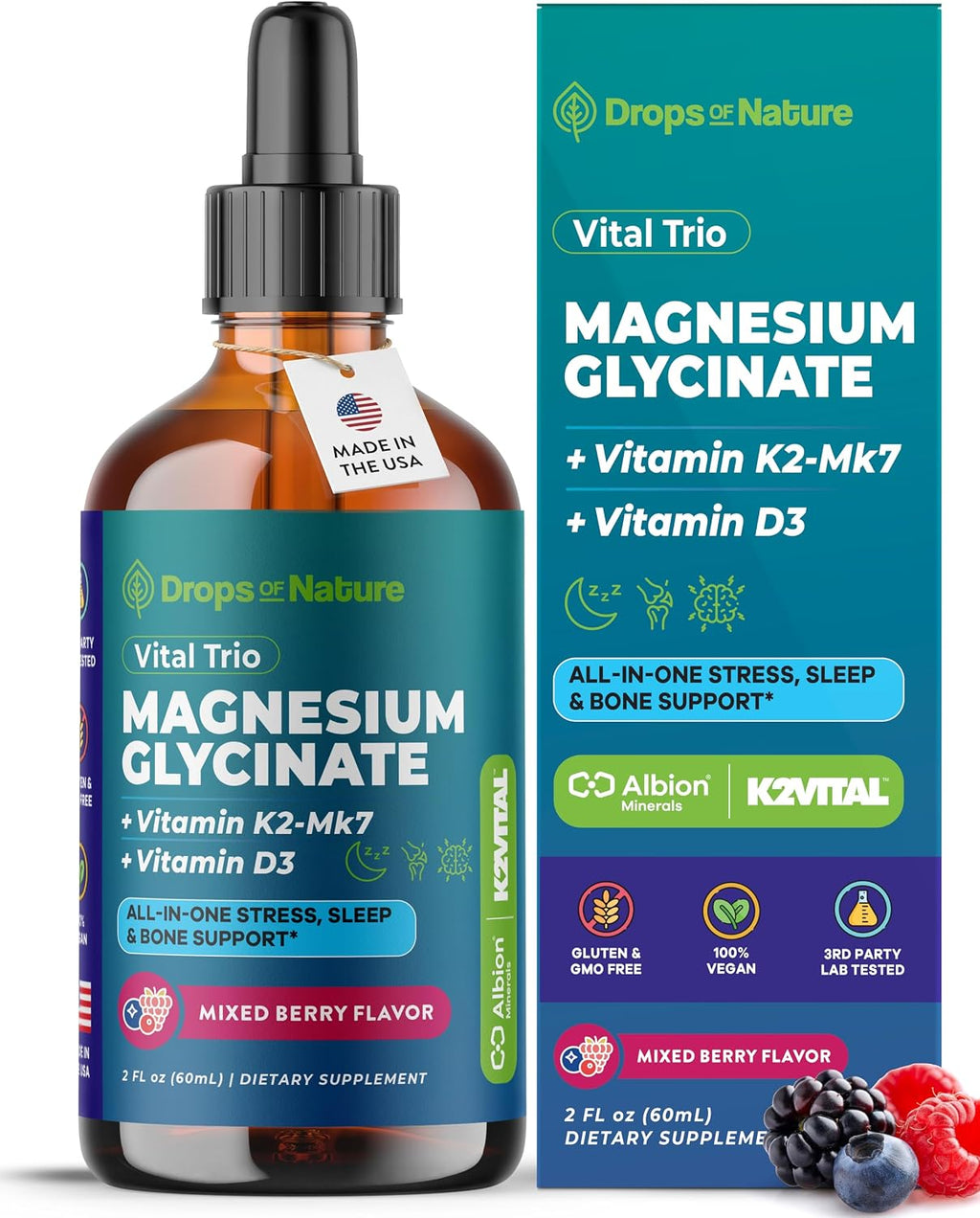 Magnesio Glicinato con Vitamina D3 y K2 – Suplemento Líquido Vegano