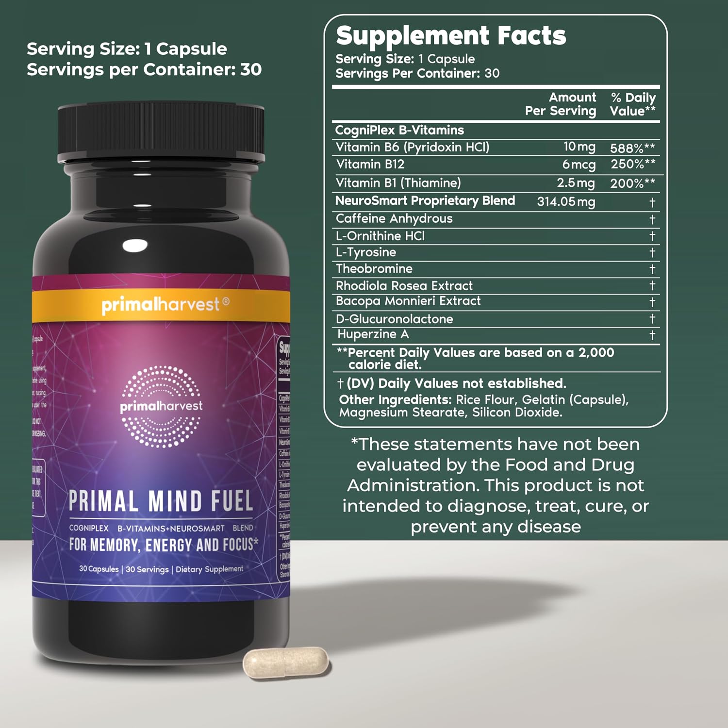 Primal Mind Fuel - Suplemento Nootrópico para el Enfoque y la Claridad Mental (30 Cápsulas)