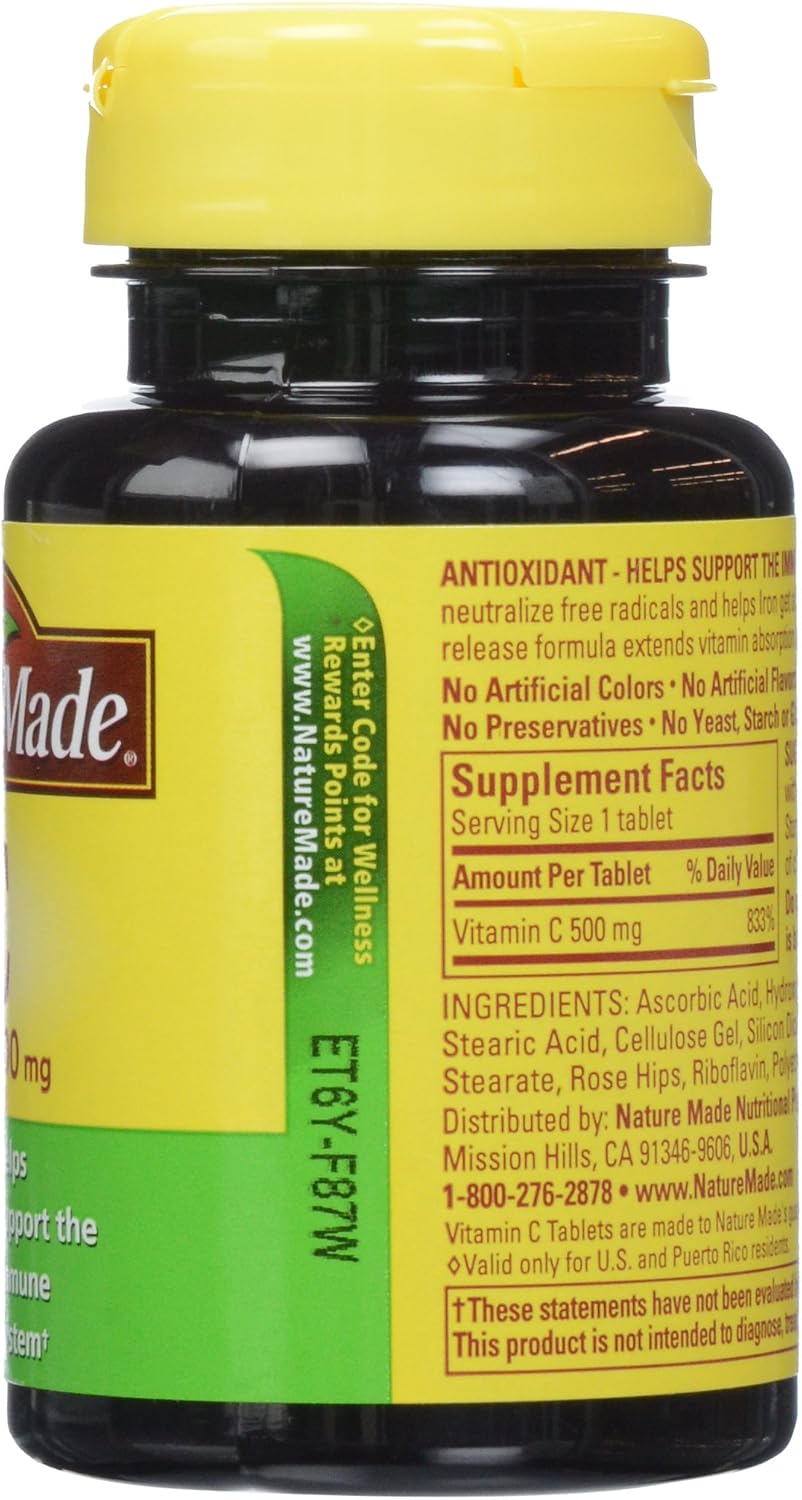 Nature Made Vitamina C 500 mg con Escaramujo, Liberación Prolongada – 60 Comprimidos