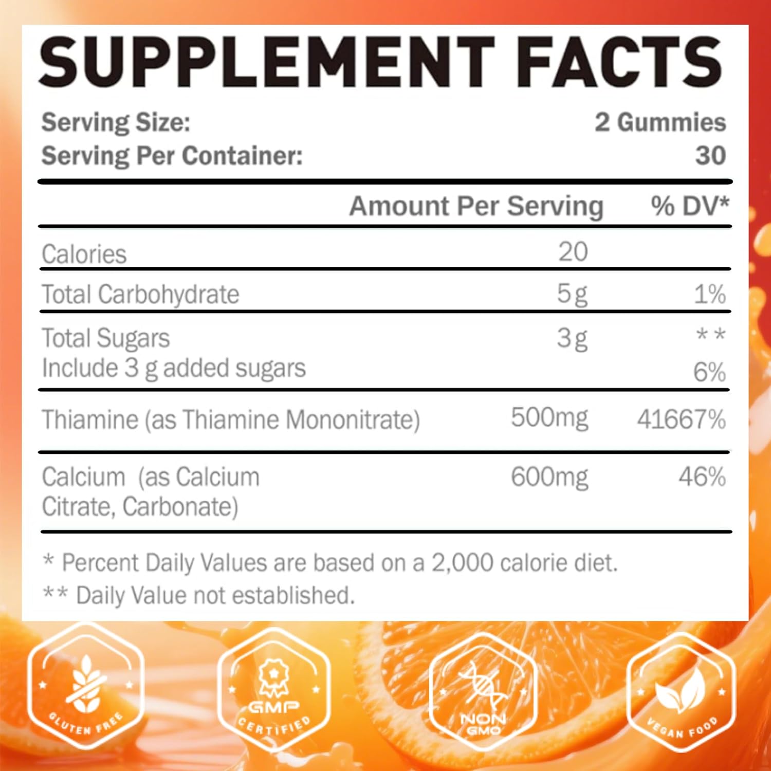 Vitamin B1 Gummies 500mg con Citrato de Calcio - 60 gomitas