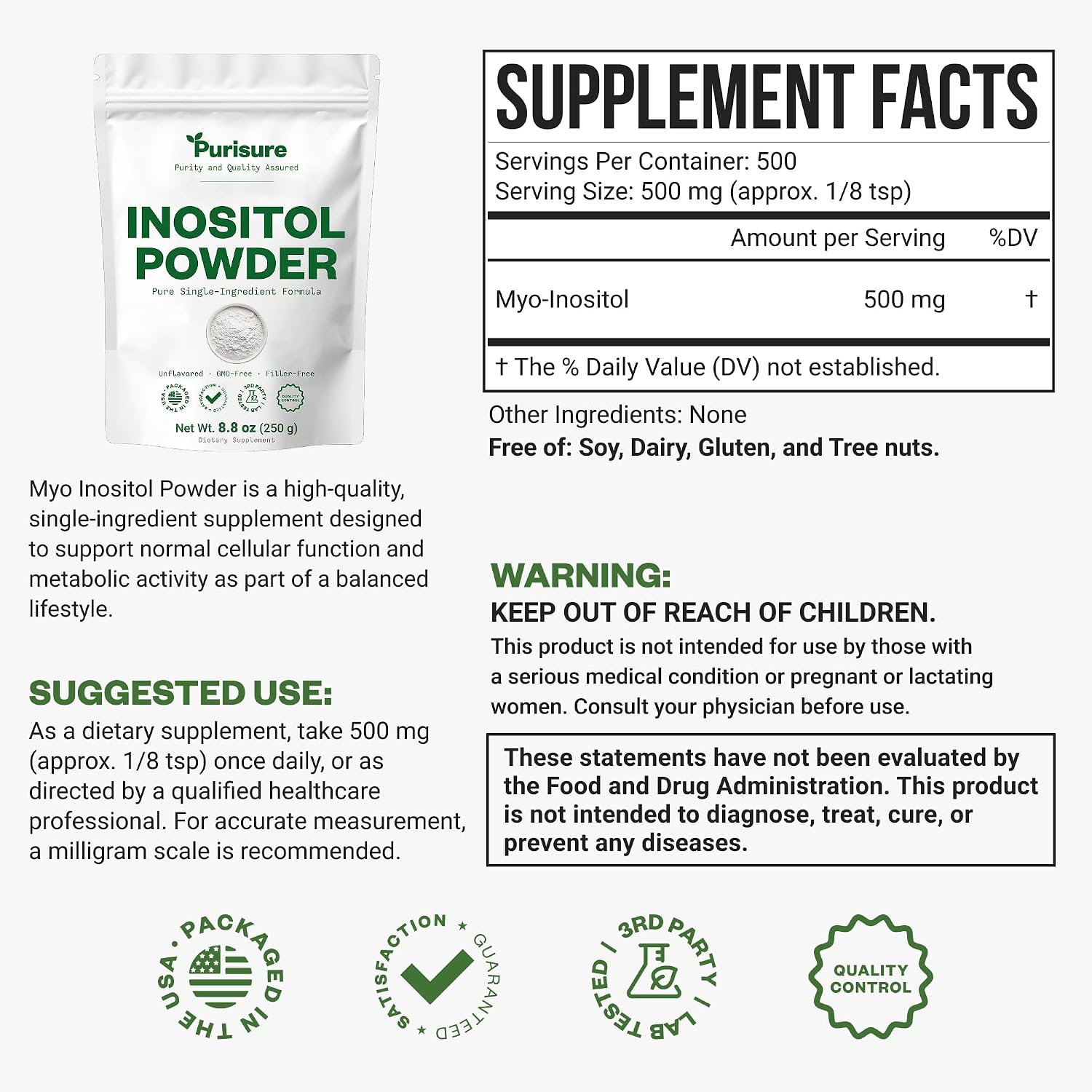 Purisure Inositol en Polvo, 250g, Puro, Vegano, No-GMO