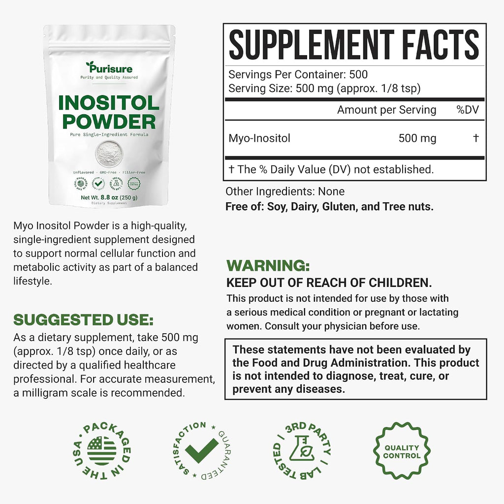 PuriSure Inositol Powder, 250g - 100% Pure, Vegan, Non-GMO