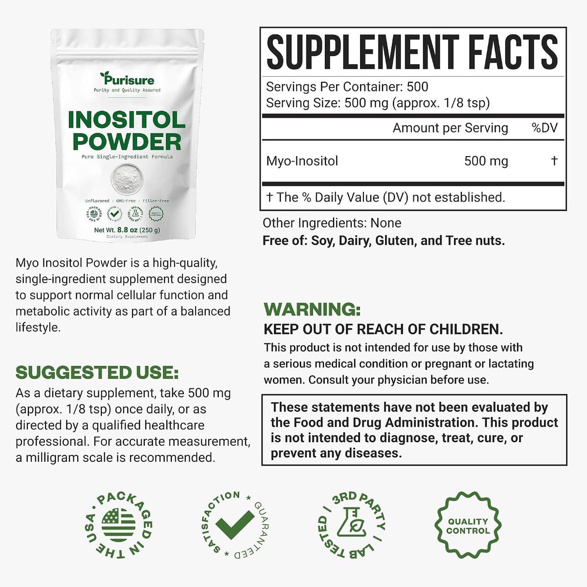 PuriSure Inositol en Polvo, 250g - 100% Puro, Vegano, Sin OGM – Image 2