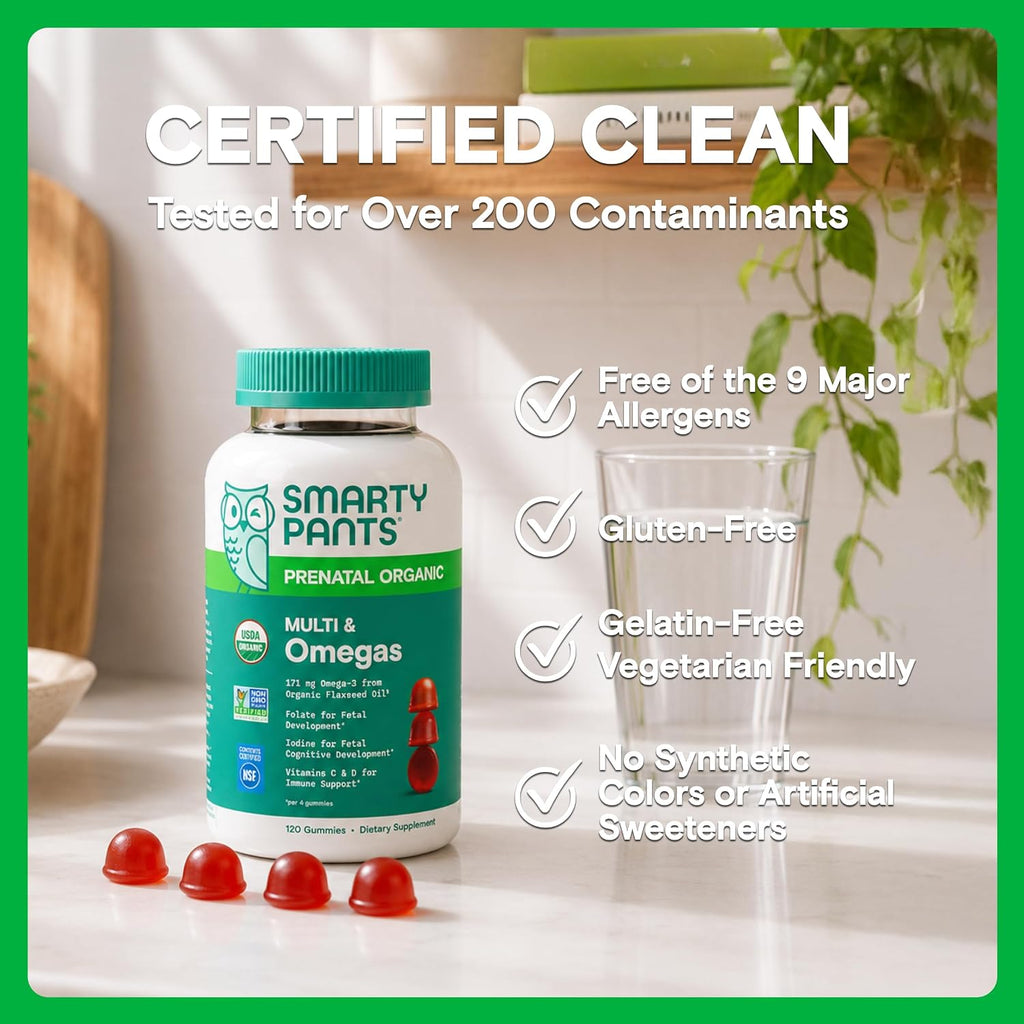 SmartyPants Vitaminas Prenatales Orgánicas para Mujeres, Gominolas Multivitamínicas: Biotina, Metilfolato, Omega 3 (ALA), Vitamina D3, C, Vitamina B12, B6, A, K2 y Zinc, Colina, Vegetariano, 120 unidades (Suministro para 30 días)