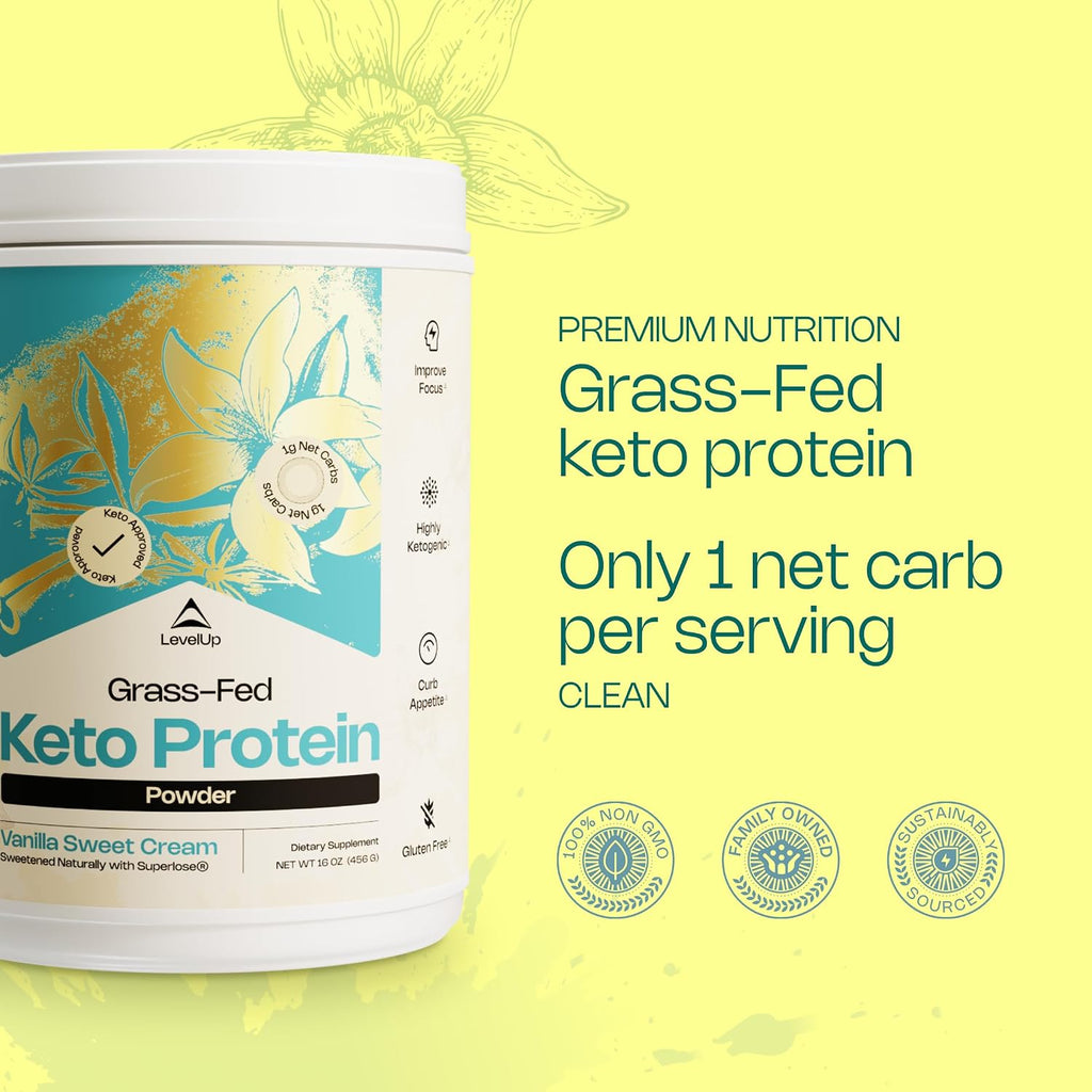 LevelUp Keto Protein, con Péptidos de Colágeno, MCT Energético, Aislado de Proteína de Suero, Complemento Alimenticio en Polvo Keto - Vainilla Sweet Cream