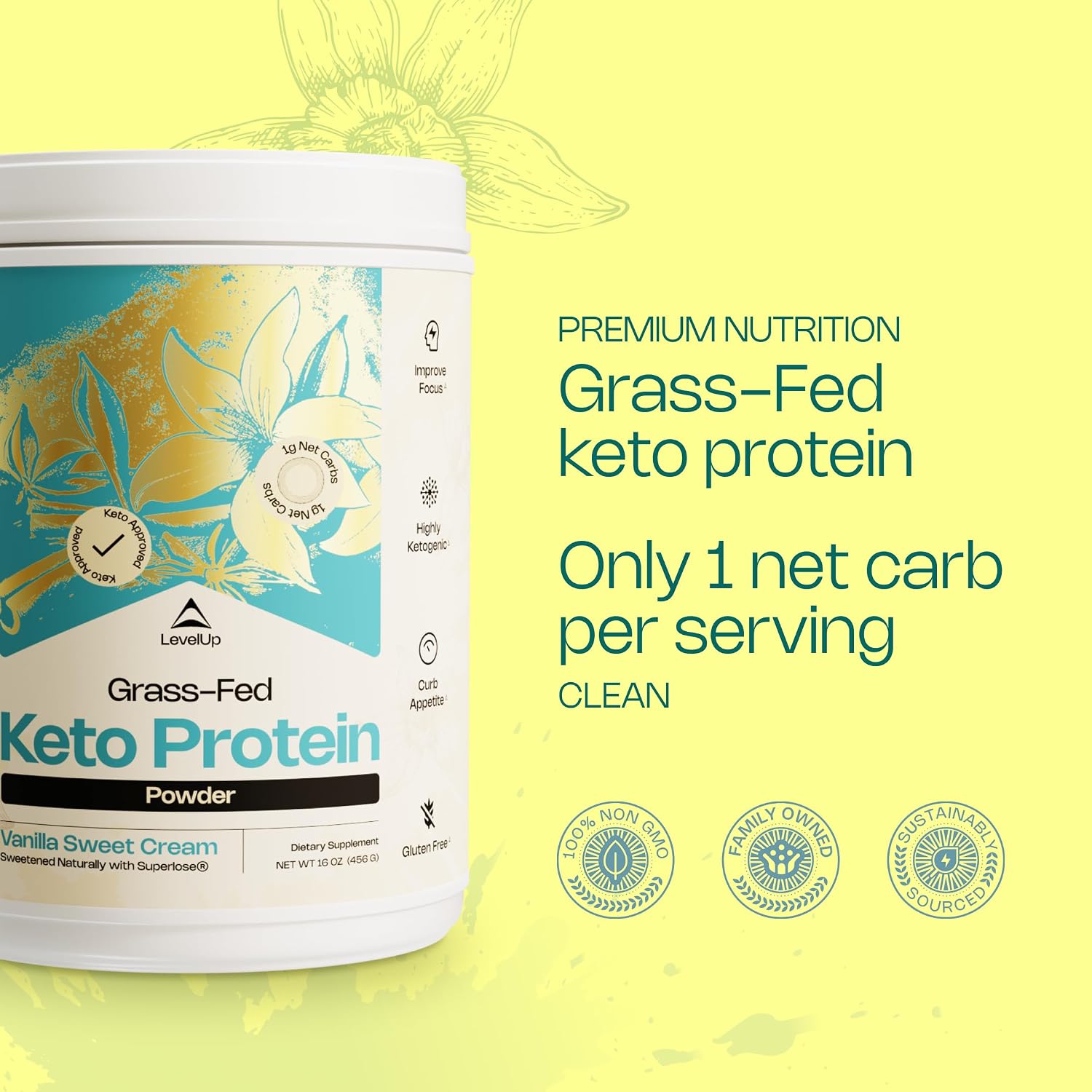 LevelUp Keto Protein, con Péptidos de Colágeno, MCT Energético, Aislado de Proteína de Suero, Complemento Alimenticio en Polvo Keto - Vainilla Sweet Cream