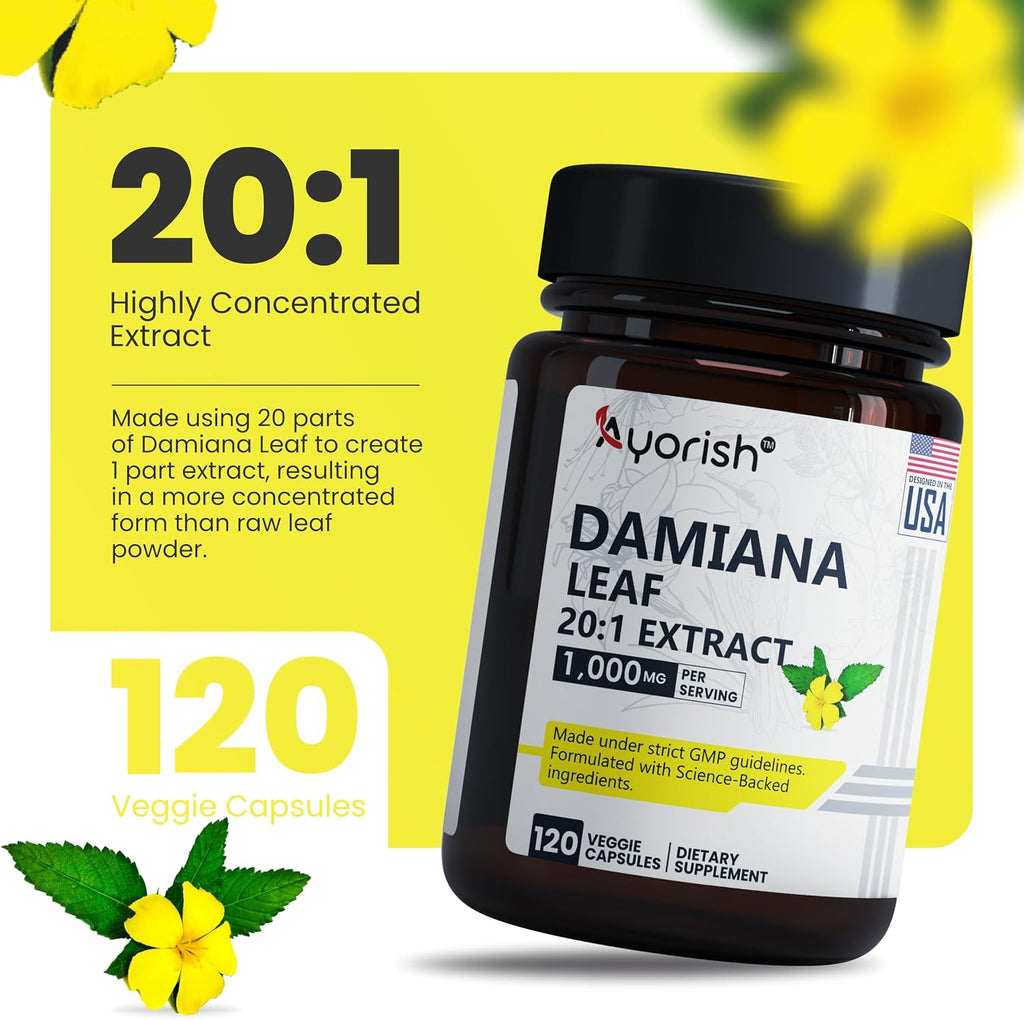 Damiana Capsules 1000mg 120 Count Damiana Leaf Extract 20:1 Herbal Supplement Plant Based Botanical Capsules Vegan Non GMO Dietary Supplement