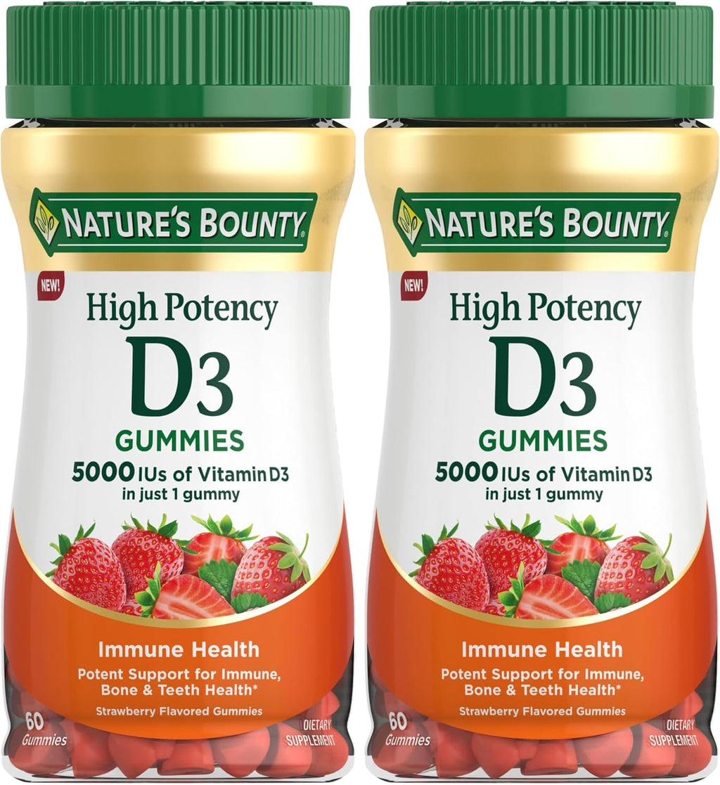 Nature's Bounty Vitamina D3 5000 UI Gominolas, Alto Potencia, Sabor Fresa, 60 Gominolas Vegetarianas
