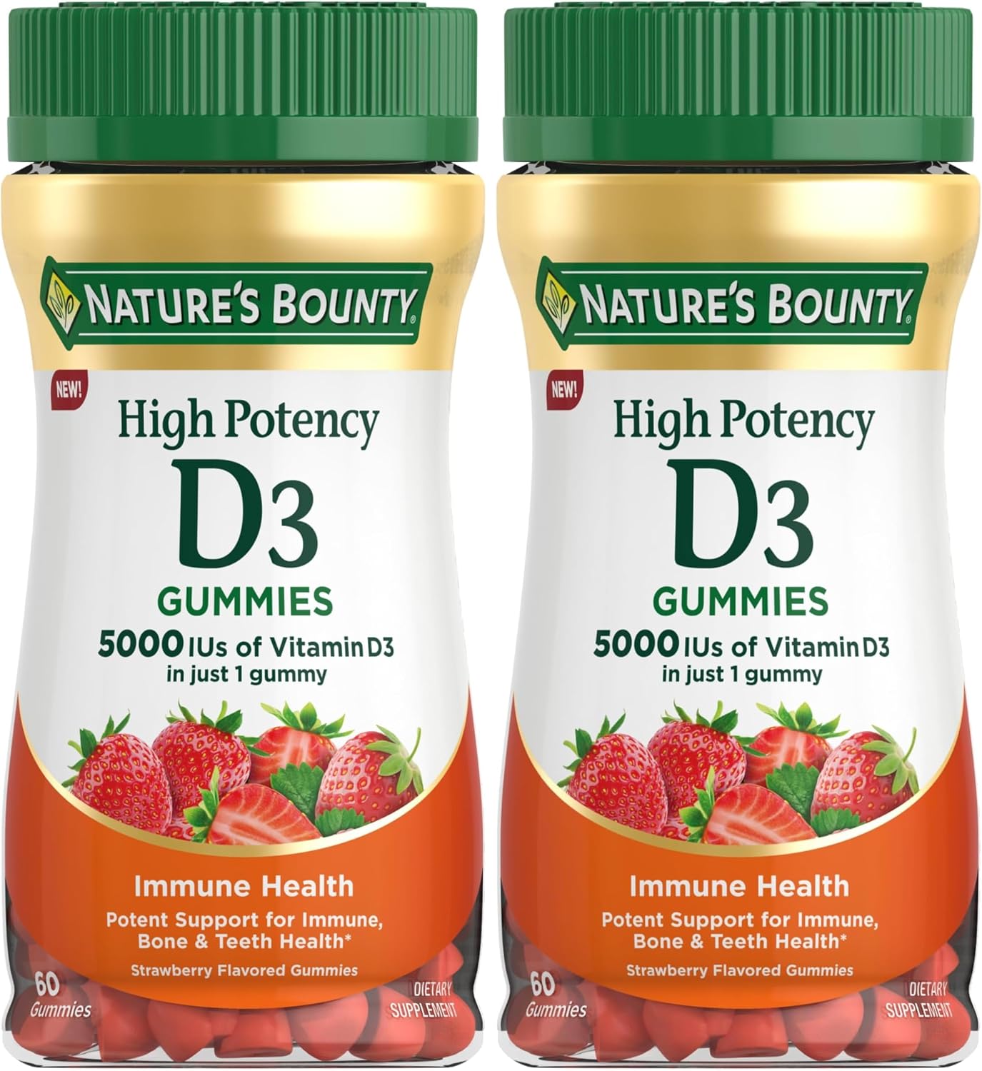 Nature's Bounty Vitamina D3 5000 UI Gominolas, Alto Potencia, Sabor Fresa, 60 Gominolas Vegetarianas