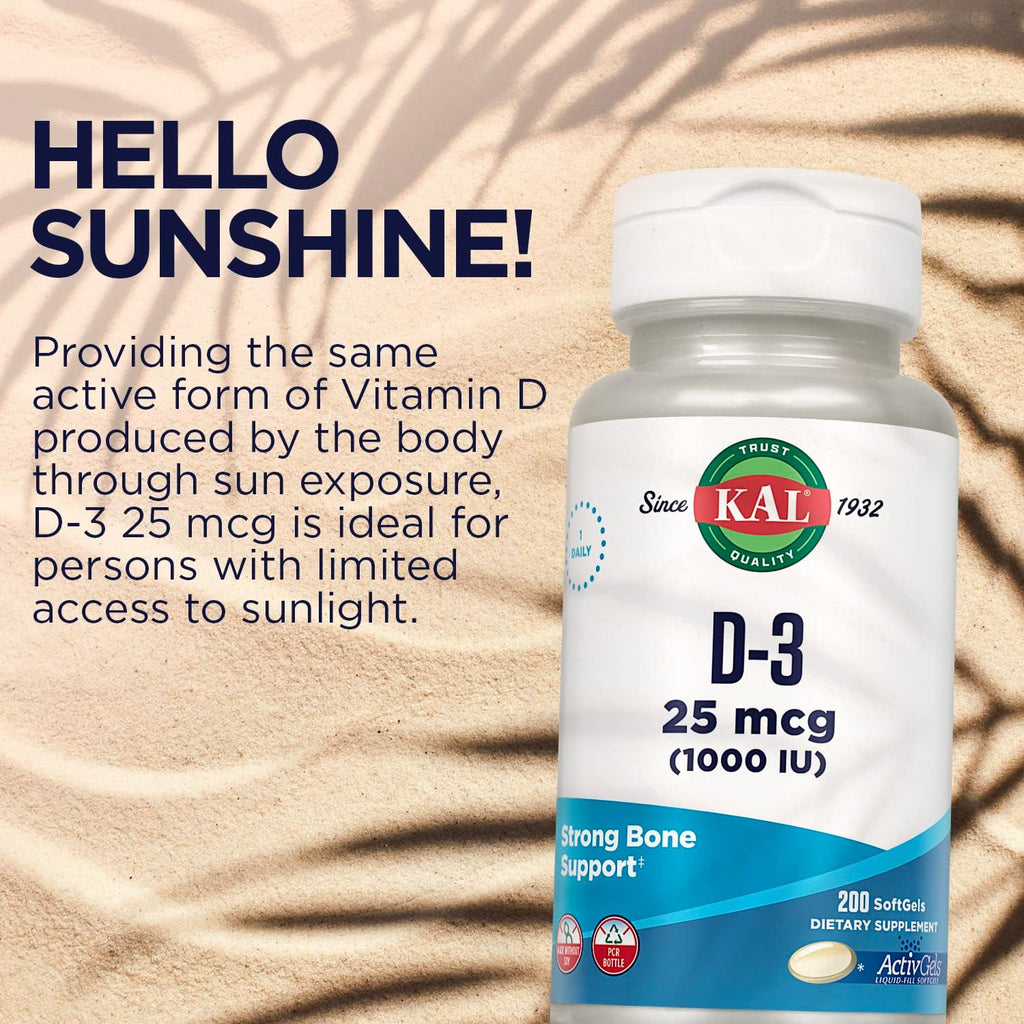 KAL Vitamina D3 1000 UI (25 mcg) - 200 Cápsulas Blandas