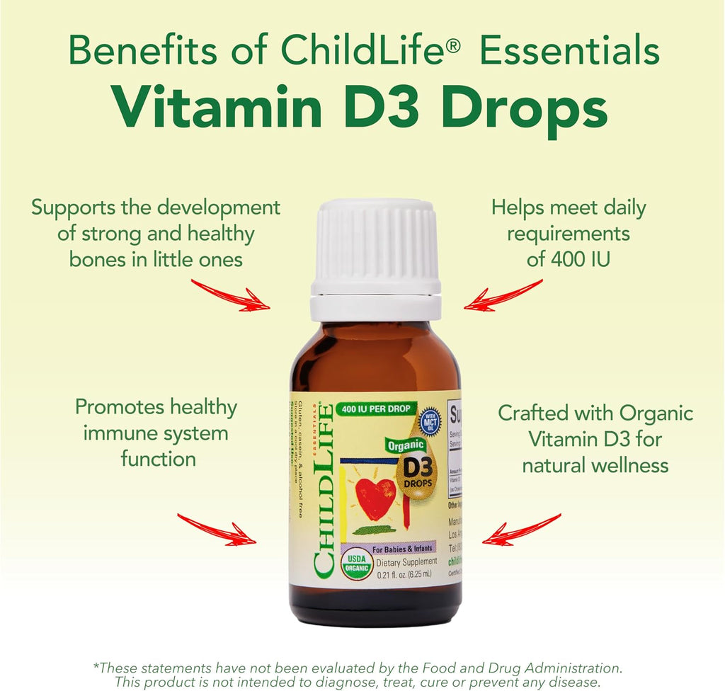 ChildLife Essentials Gotas Orgánicas de Vitamina D3 para Bebés y Niños, 400 IU, Sin Sabor