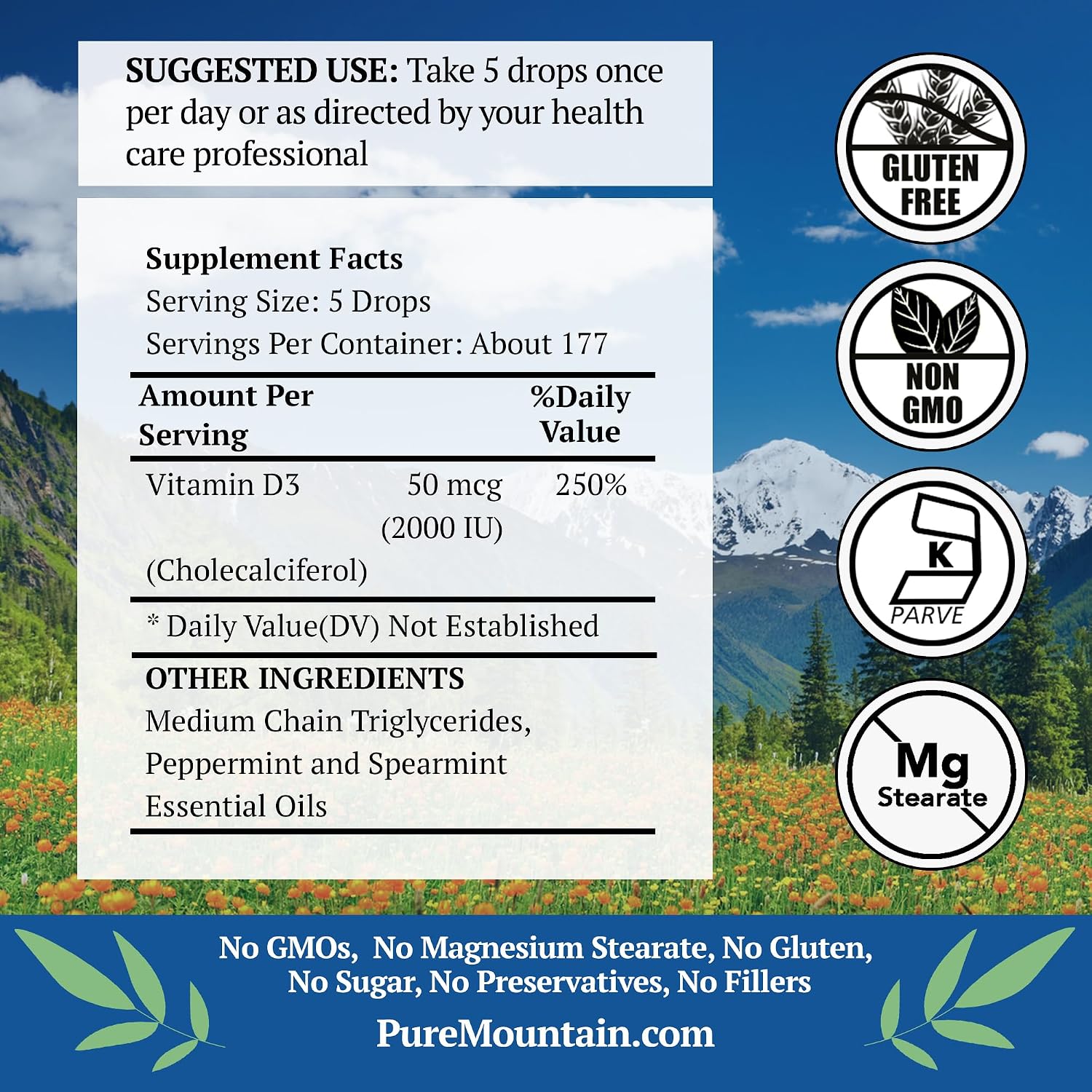 Pure Mountain Botanicals Gotas de Vitamina D3 Líquida – 2000 IU – Sabor a Menta Natural – Aceite MCT – 30 ml