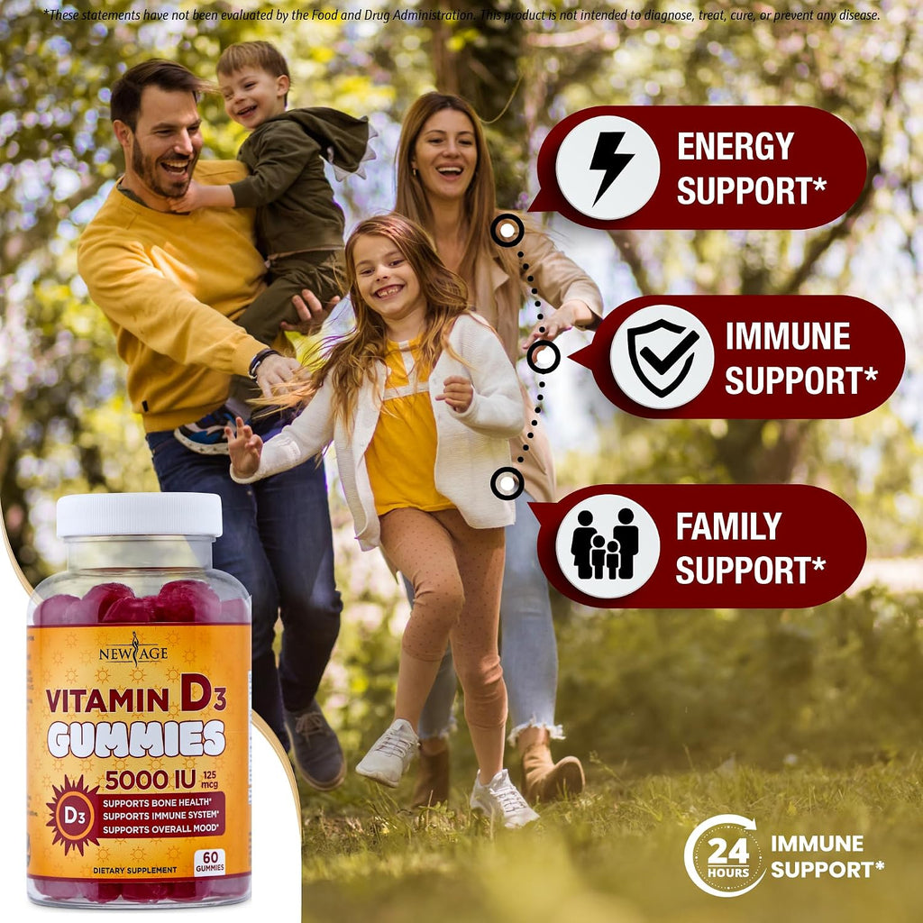 New Age Vitamina D3 5000 UI Gomitas - Suplemento Inmunológico, Sin Gluten, Sin Gelatina, Sabor Natural (180 Gomitas)